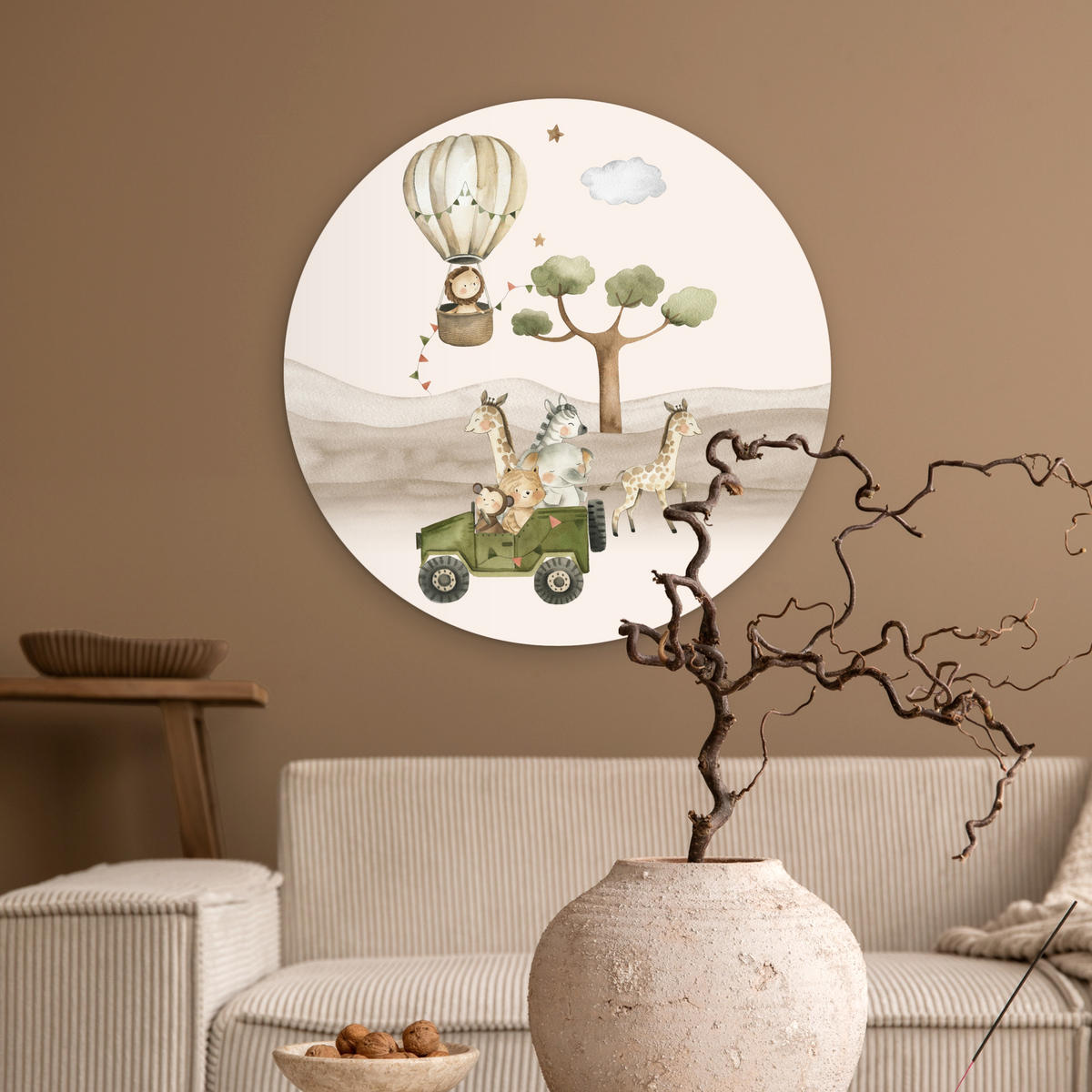 WANDBILD Wilde Tiere - Safari - Aquarell - Heißluftballon 60x60 cm - Beige, Kunststoff (60/60cm) - MuchoWow