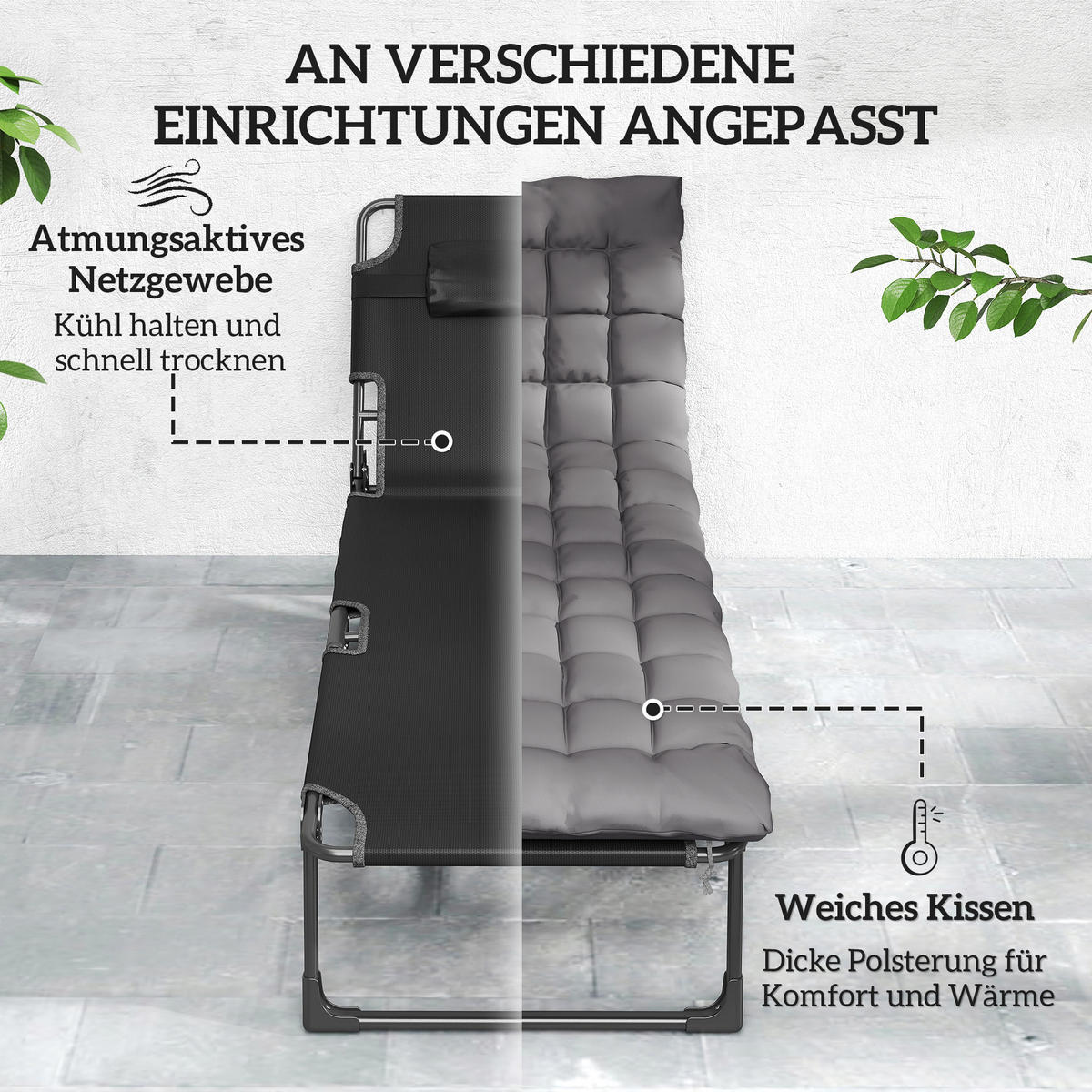 SONNENLIEGE Stahl Netzstoff Dunkelgrau - Dunkelgrau, Textil/Metall (68/34/190cm) - Outsunny