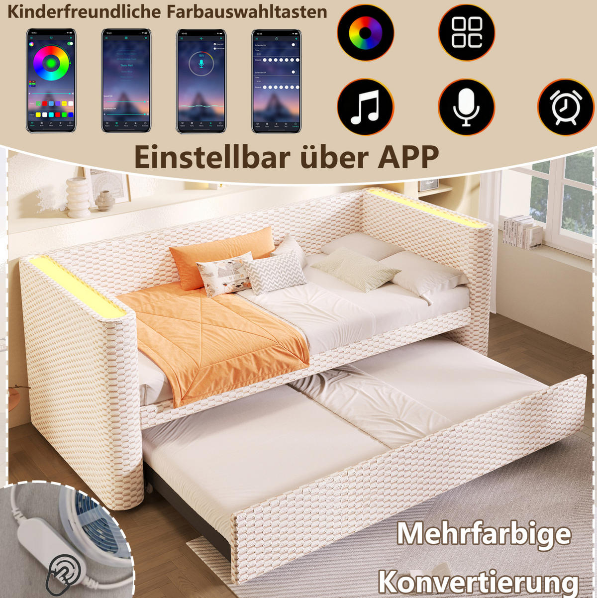 POSTEĽ z velúru, 229/191/68 cm béžová, rozkladacia s LED osvetlením - béžová, textil (90/200cm) - BEAOK