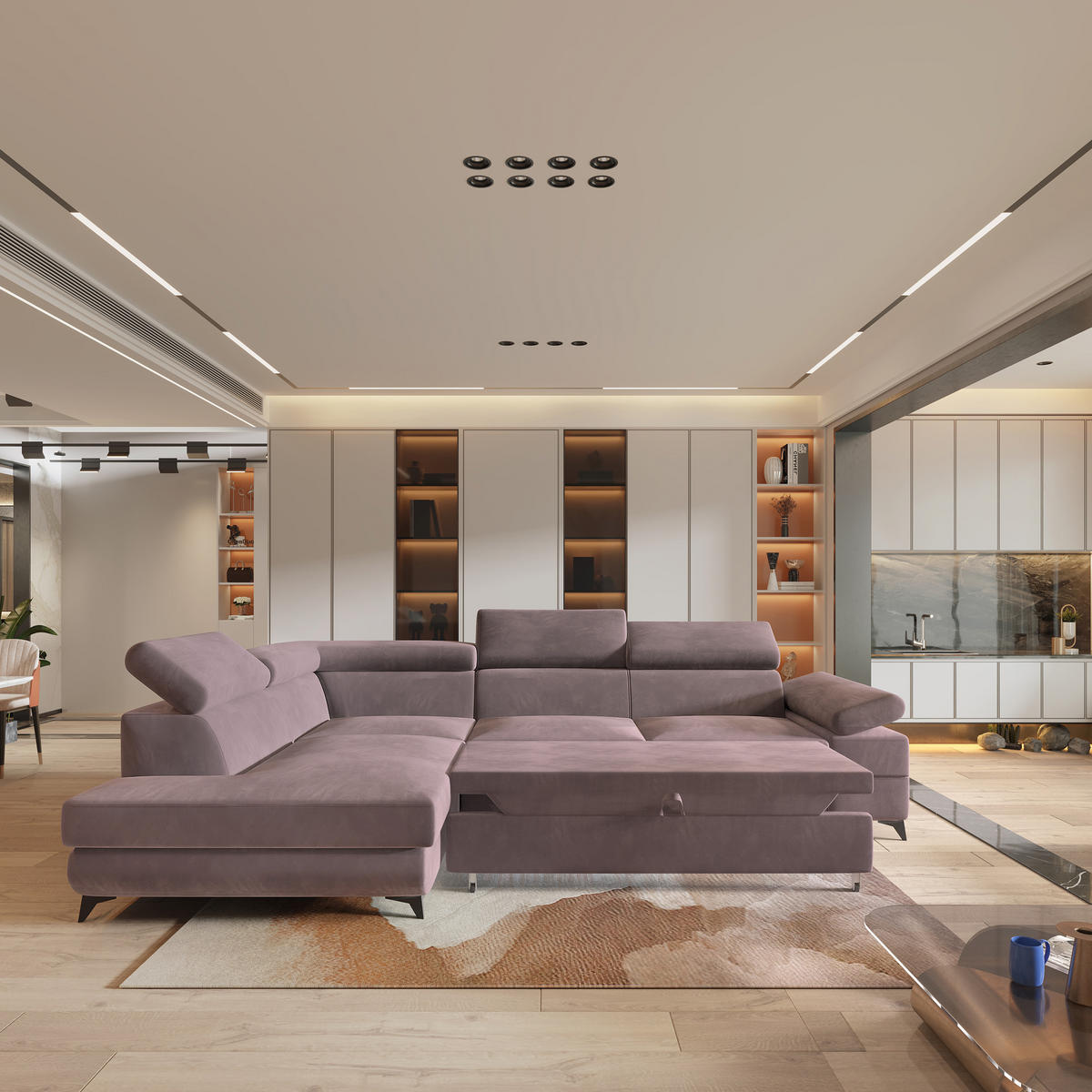 ECKSOFA FAVIEN L-S Lila Velours-Stoff mit Schlaffunktion - Lila, Holz (257/190cm) - MASSENO