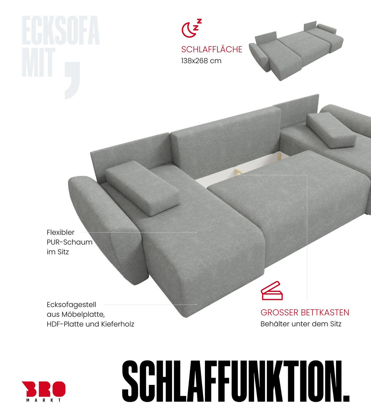 WOHLANDSCHAFT Rotterdam U mit Schlaffunktion Beige Bouclé - Creme, Textil (310/80/141cm) - Bromarkt