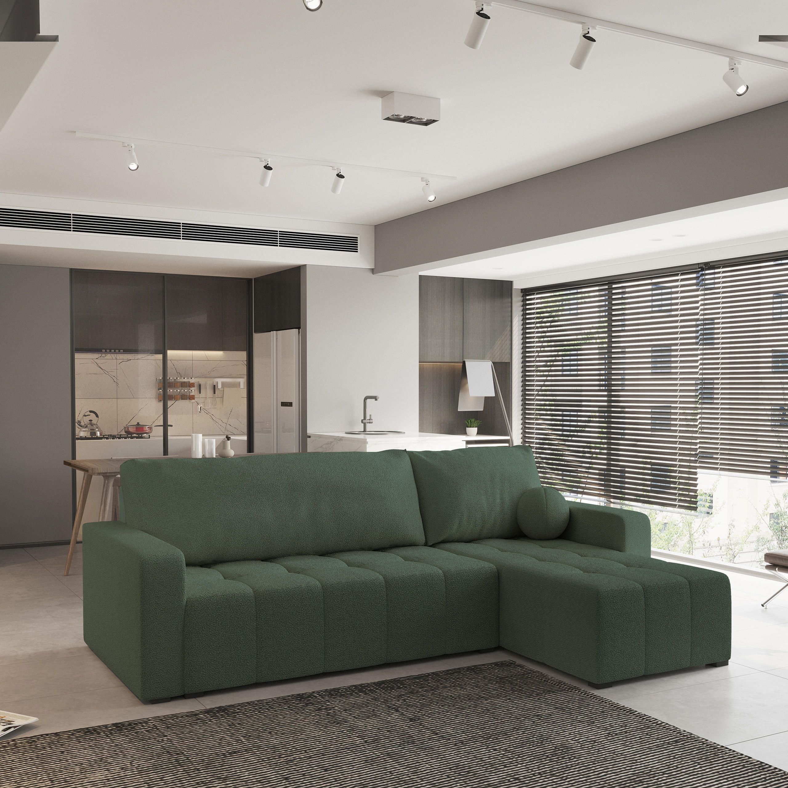 ECKSOFA VOLIRA Grün Boucle-Stoff mit Schlaffunktion - Grün, Holz (230/143cm) - MASSENO