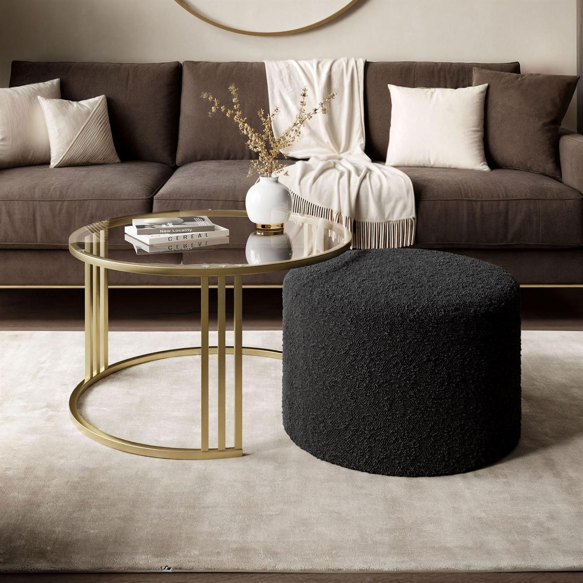 COUCHTISCH mit Hocker LORI GLASS gebürstetes Gold/transparentes Glas/Coral 60 - Transparent, Metall (70/70/49cm) - Lookway