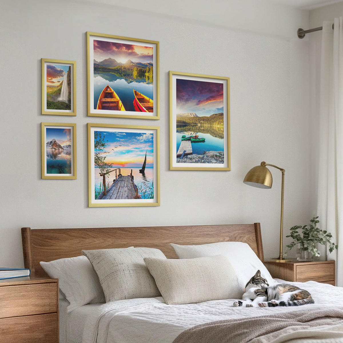 BILDER SET 5er Set - 50x50 cm & 20x30 cm & 40x60 cm Goldrahmen - Seen- und Berglandschaft Łódź - Goldfarben, Kunststoff (40/60cm) - TULUP