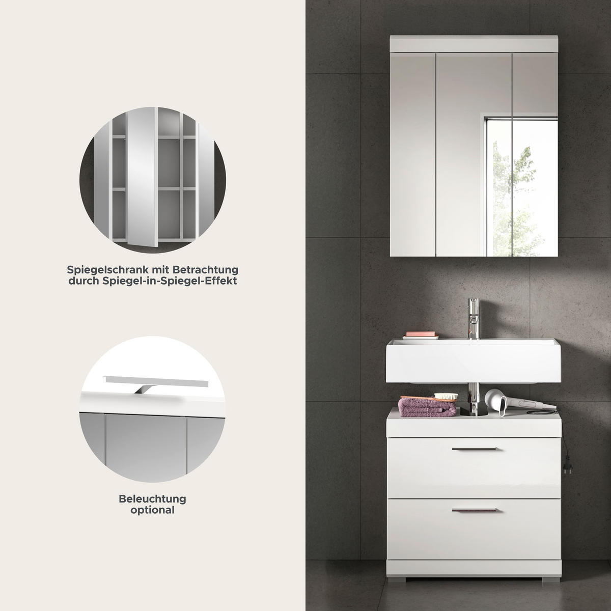 BADKOMBINATION 2tlg. Scout Bad in weiß Nachbildung und weiß hochglanz B/H/T: 60x191x34 cm - Weiß, Holz (60/191/37cm)