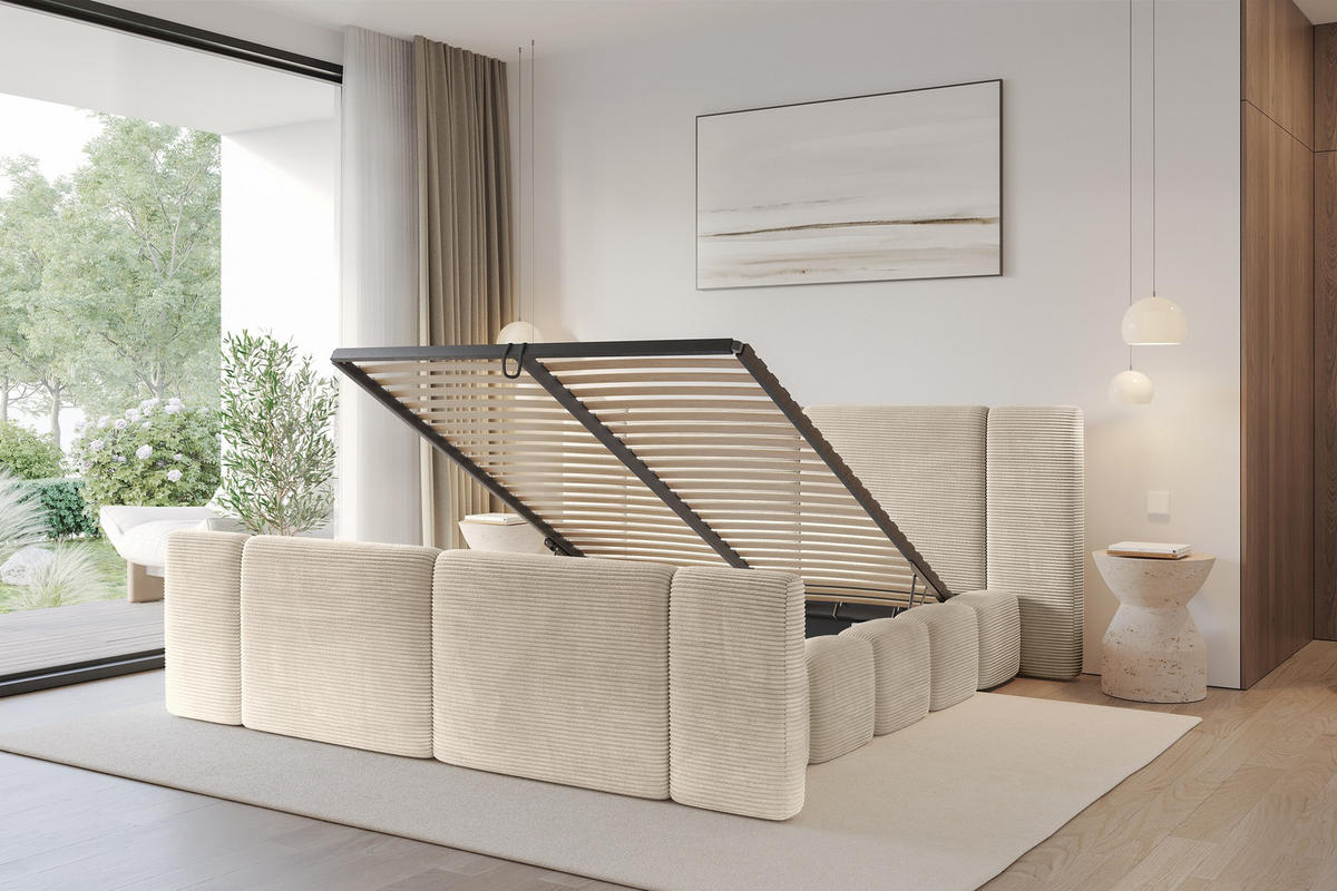 POLSTERBETT mit Bettkasten, Fußteil und Lattenrost, Bett mit Matratze H3/H4 - NILO-Z 200x200 Beige - Creme, Holzwerkstoff/Textil (200/200cm) - ALTDECOR