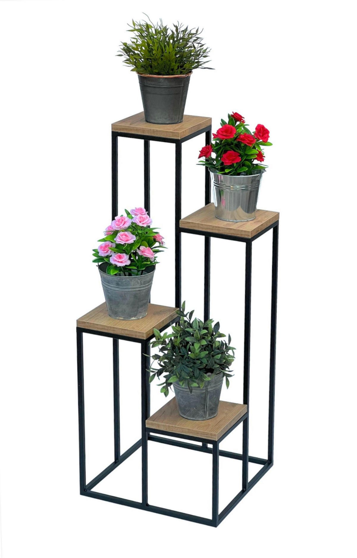 BLUMENTREPPE Schwarz Metall mit 4 Holzablagen 90 cm 96349 - Schwarz, Metall (36/90/36cm) - DanDiBo