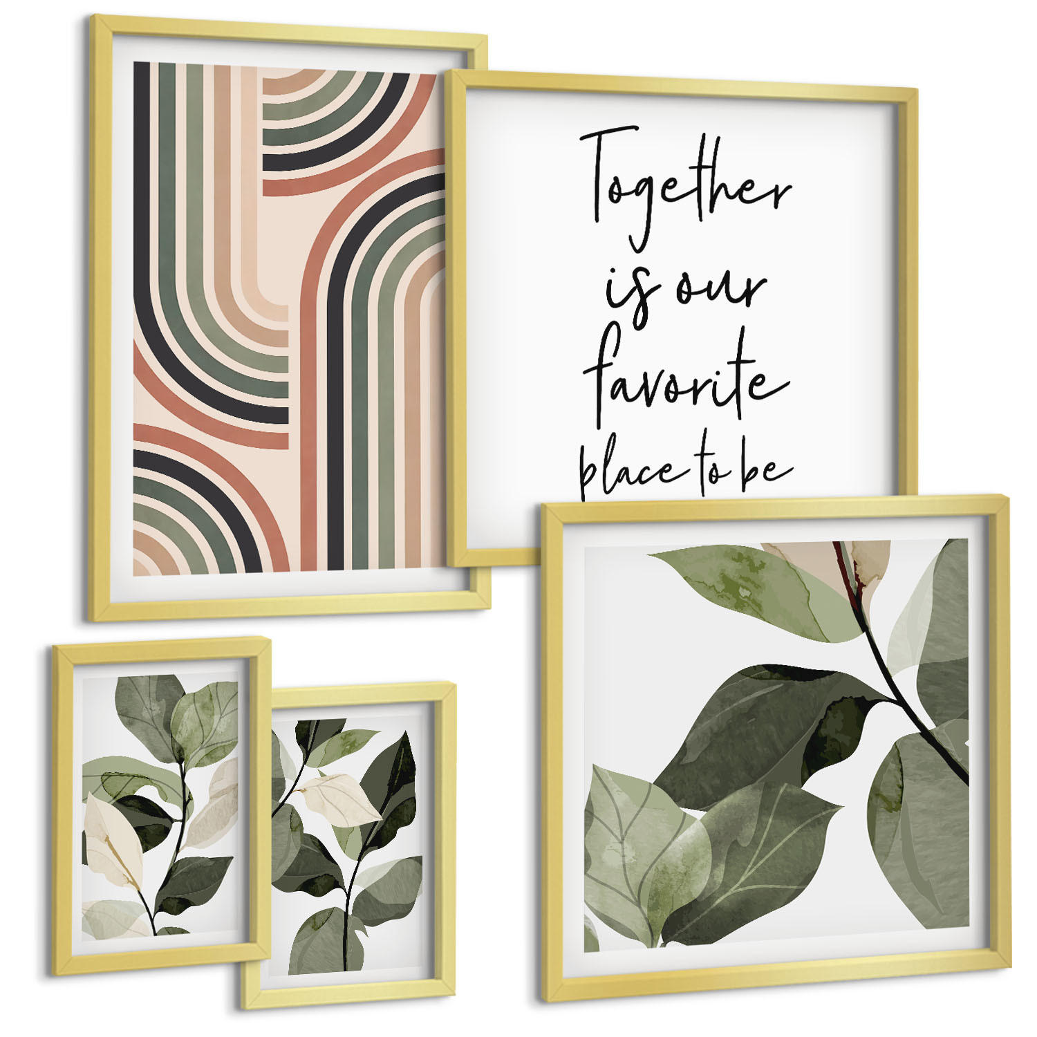 BILDER SET 5er Set - 50x50 cm & 20x30 cm & 40x60 cm Goldrahmen - Geometrische Pflanzenmotive - Goldfarben, Kunststoff (40/60cm) - TULUP