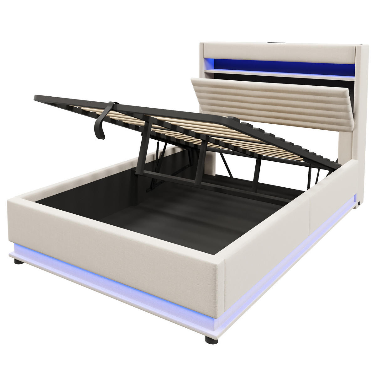 POLSTERBETT 140/200 cm aus Leinen mit LED und USB-C-Ladefunktion Beige - Beige, Textil (140/200cm) - Modenvie