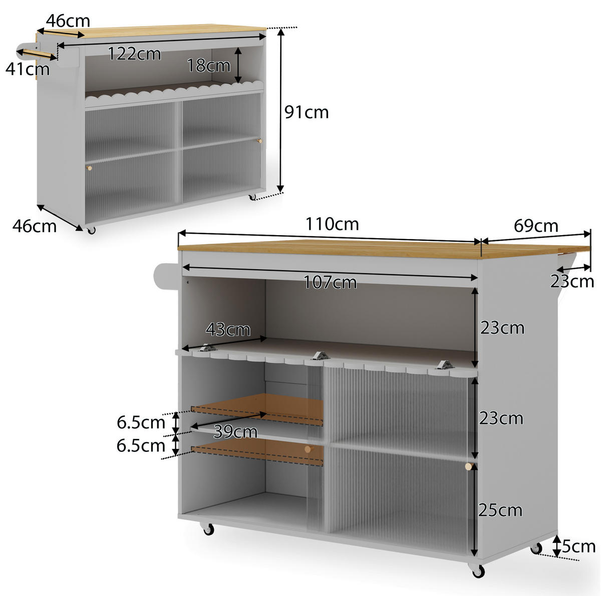 KÜCHENINSELWAGEN klappbar 122 x 46(69) x 91 cm Grau - Grau, Holz (46/91/122cm) - Beauniv
