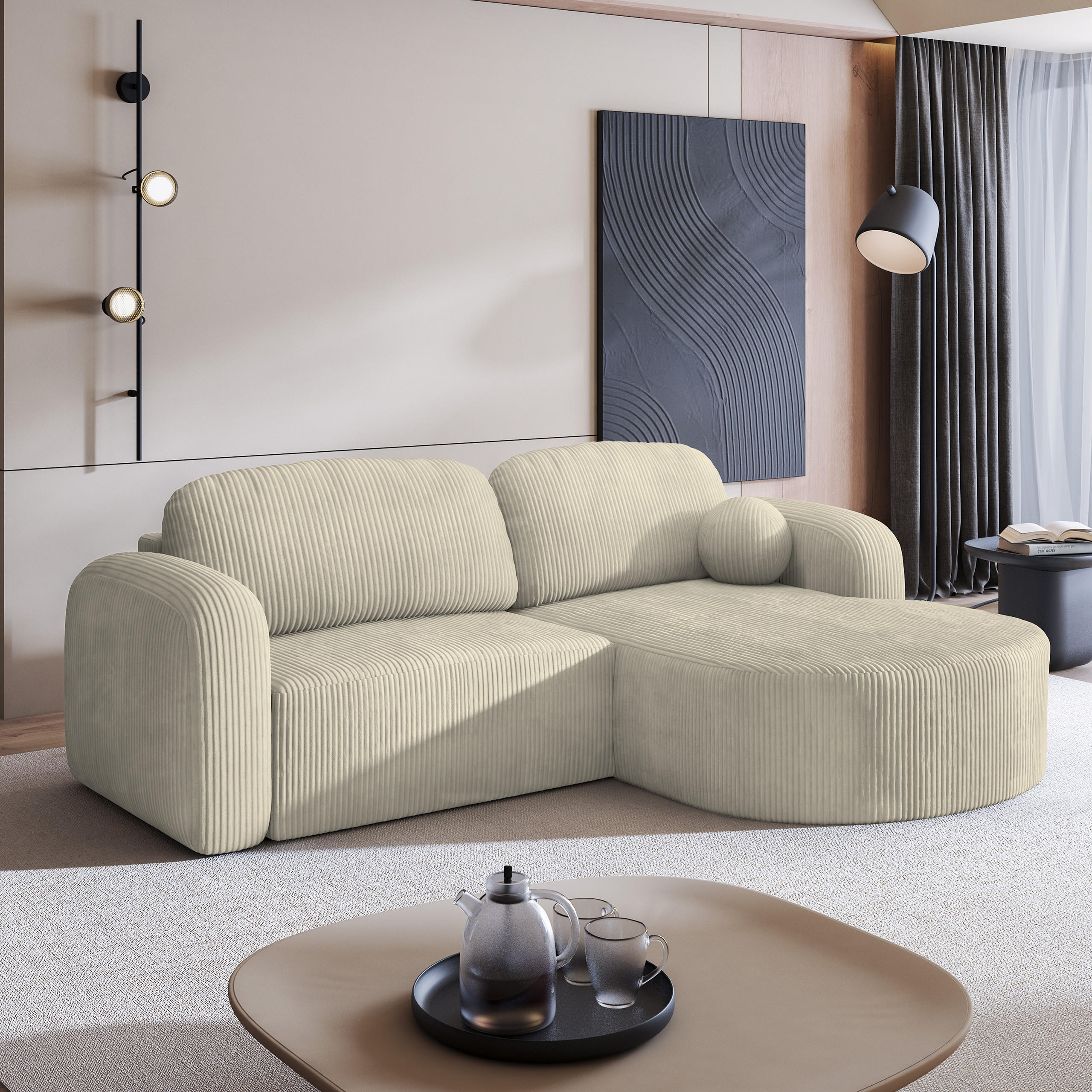 ECKSOFA AMILIA P R-S Creme Kordstoff mit Schlaffunktion - Creme, Holz (263/174cm) - MASSENO