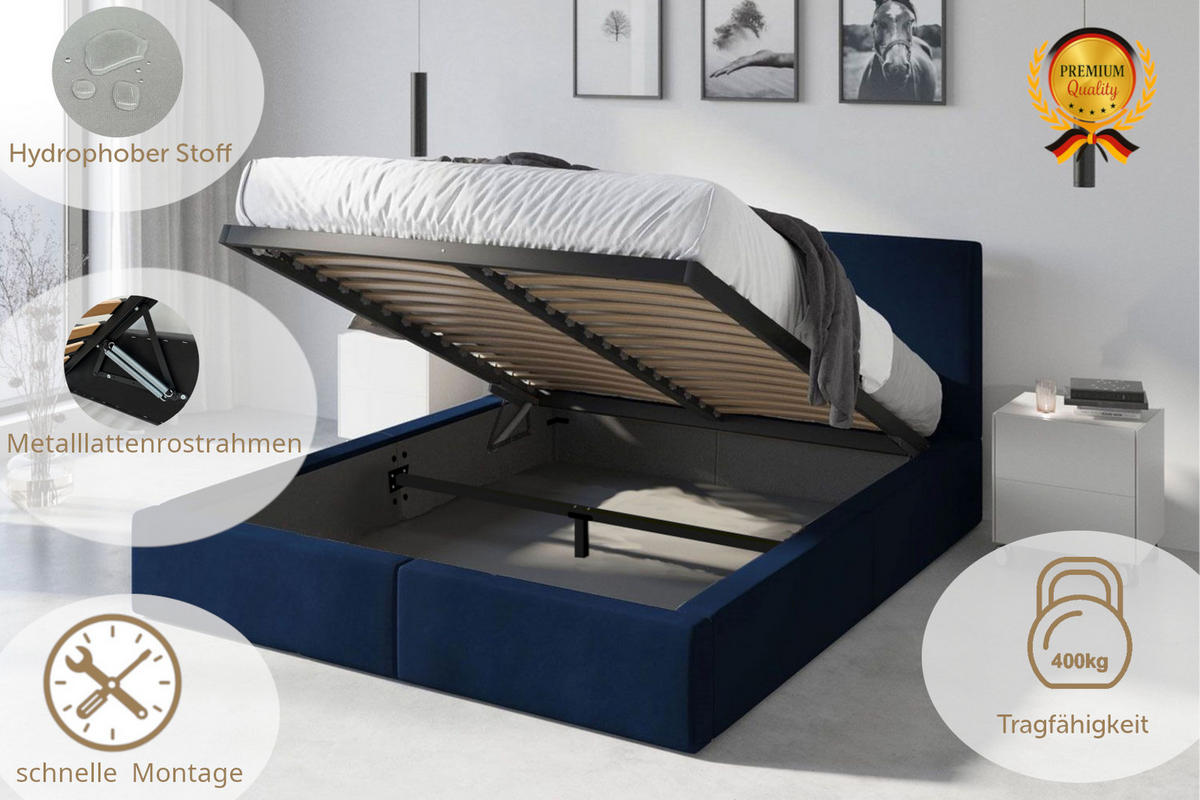 POLSTERBETT Hilton mit Stauraum - Blau, Textil (120/200cm) - Interbeds