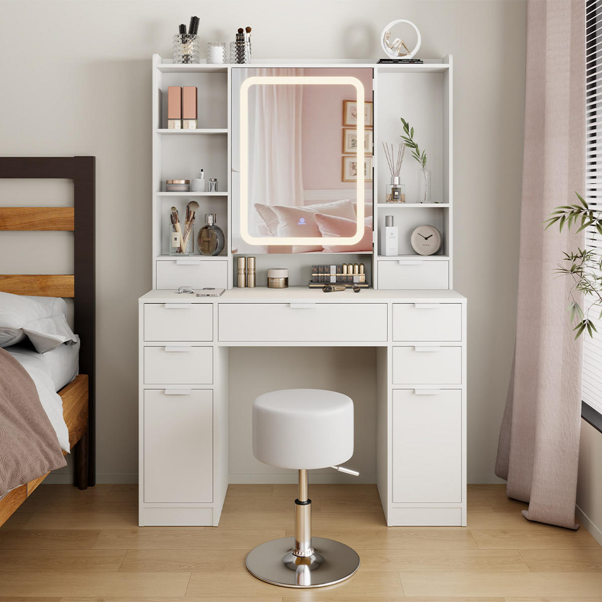 SCHMINKTISCH Solea Weiß 105 cm mit LED-Spiegel und Hocker - Weiß, Holzwerkstoff (105/156/40cm) - Vicco