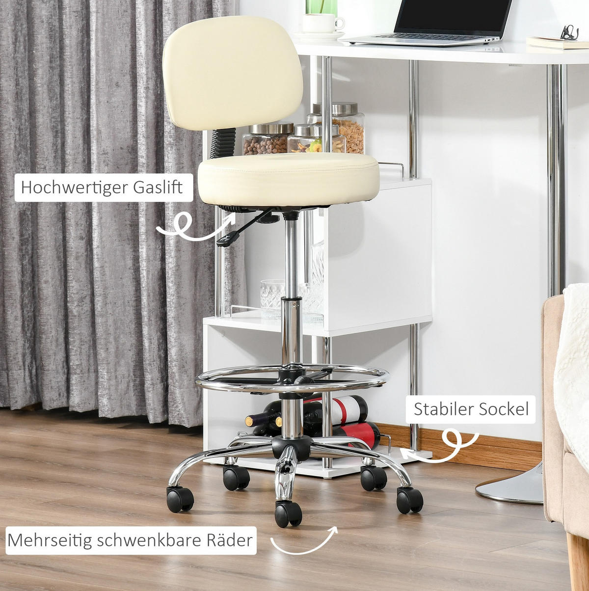 BARHOCKER Beige höhenverstellbar mit Rückenlehne und Rollen - Beige, Metall (57/104/56cm) - MIVRAY