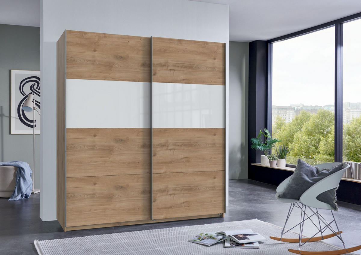 SCHWEBETÜRENSCHRANK Bramfeld in Plankeneiche mit Weiß Glas 180 x 198 x 65 cm (B x H x T) Kleiderschrank - Braun, Holzwerkstoff (80/200/120cm)