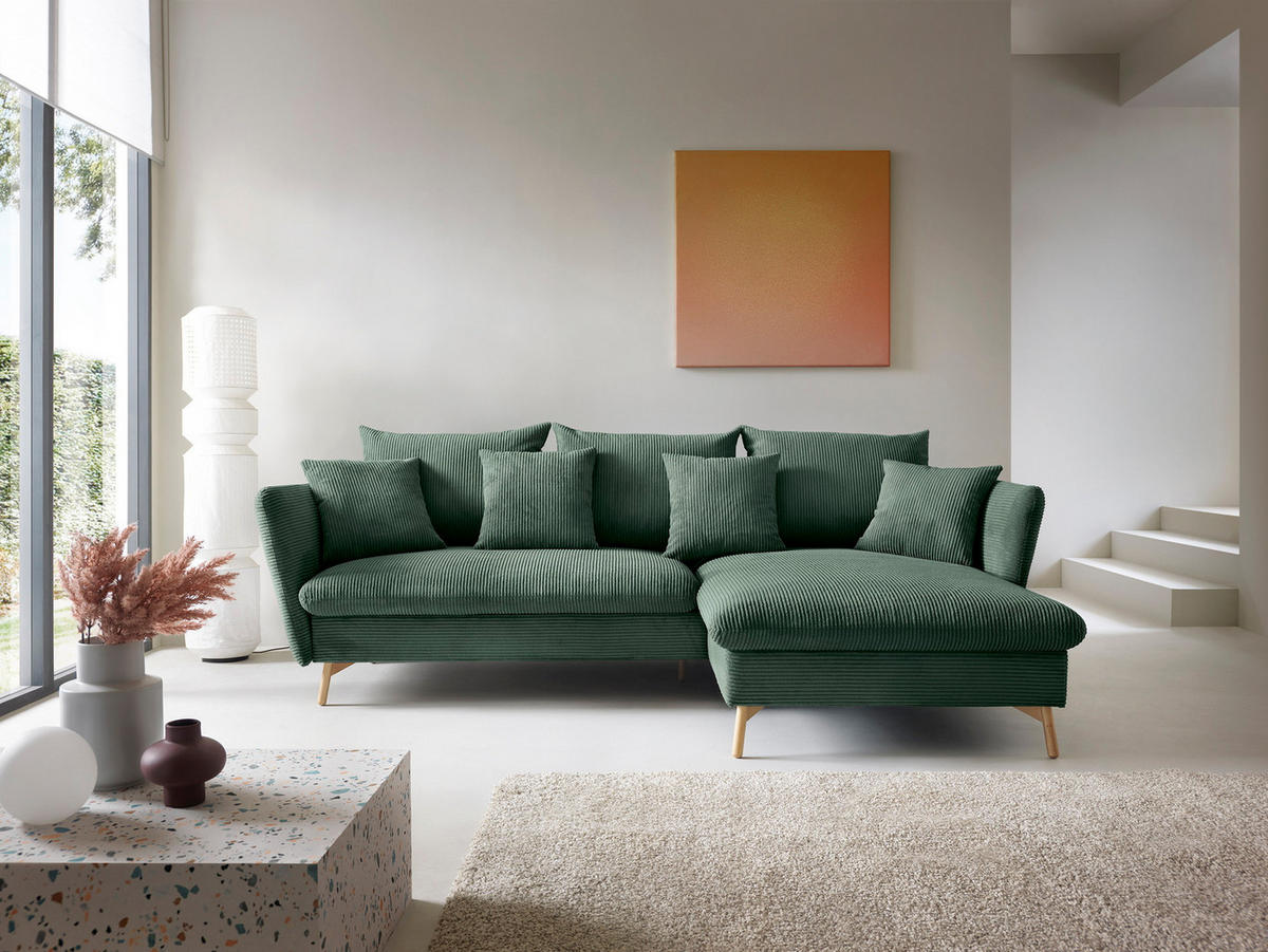 ECKSOFA Savona L-Form 260 cm, Cordstoff, Rechts, Grün - Grün, Holz (167/258cm) - Emporius