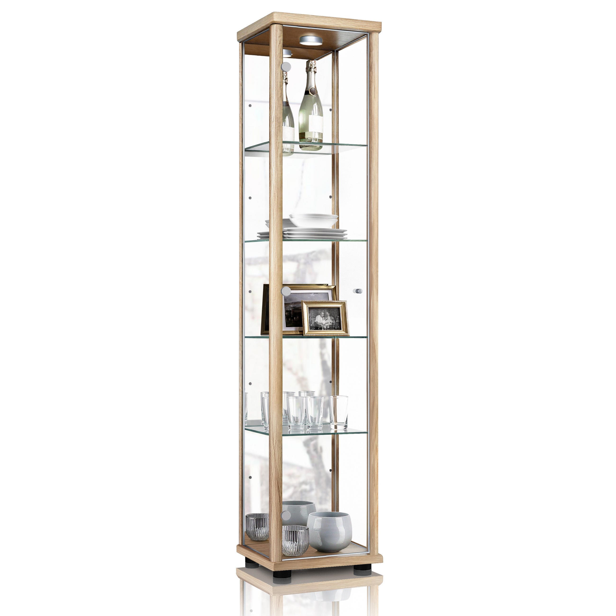 GLASVITRINE 33/37/176 cm mit Spiegel, LED & 4 höhenverstellbaren Glasböden - Transparent/Silberfarben, Glas/Holzwerkstoff (37/176/33cm) - K-Möbel