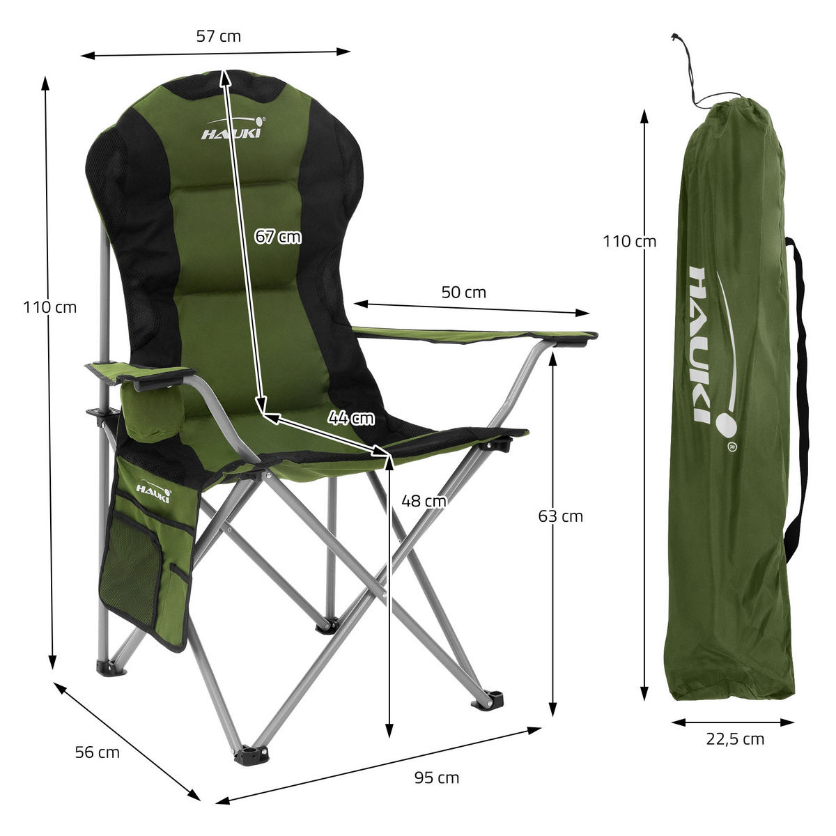 KEMPINGOVÁ ŽIDLE khaki - zelená barva, kov (95/110/56cm) - Hauki