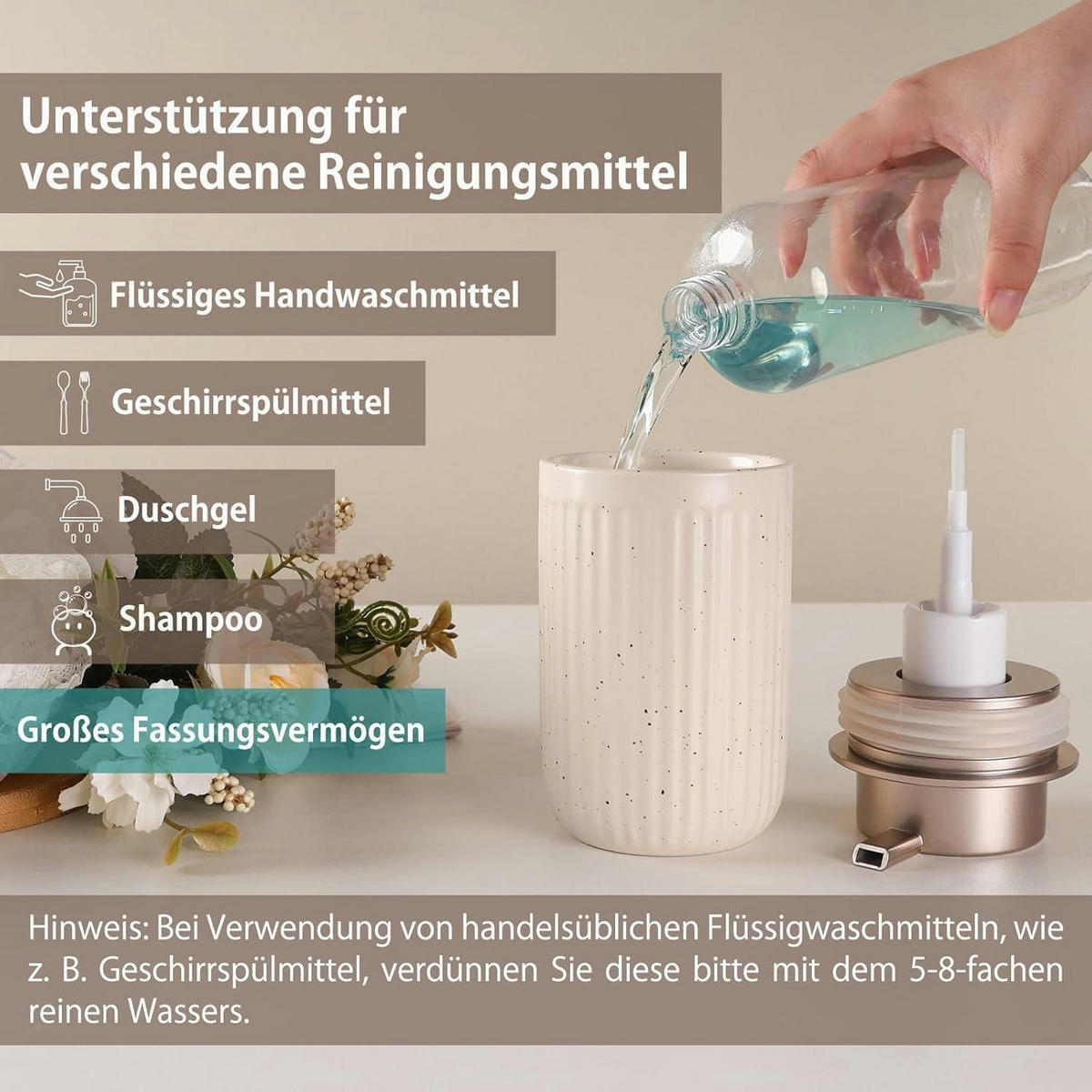 SEIFENSPENDER Keramik 350ml Streifen Beige & Rosa - Beige, Keramik (8/14/8cm)