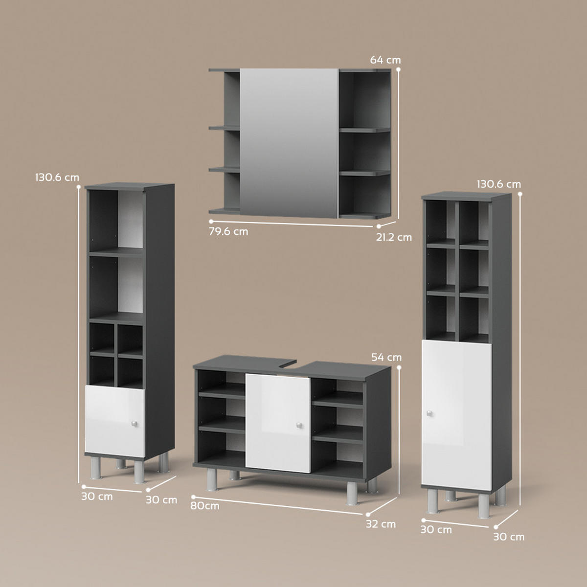 BADMÖBEL-SET Fucino Anthrazit 4 Teile, mit Midischränke - Anthrazit/Weiß, Holzwerkstoff (80/54/32cm) - Livinity®