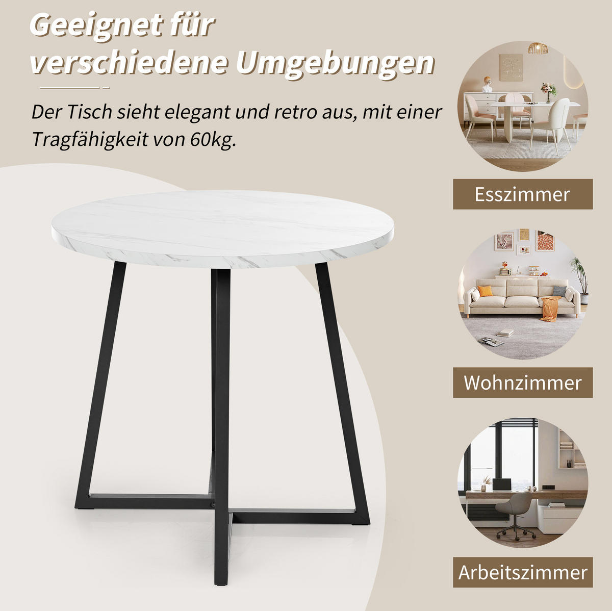 ESSTISCH, MDF mit Marmormuster & Metallgestell, Ø 80/75 cm, Schwarz - Schwarz, Holzwerkstoff (80/80/75cm) - Redom