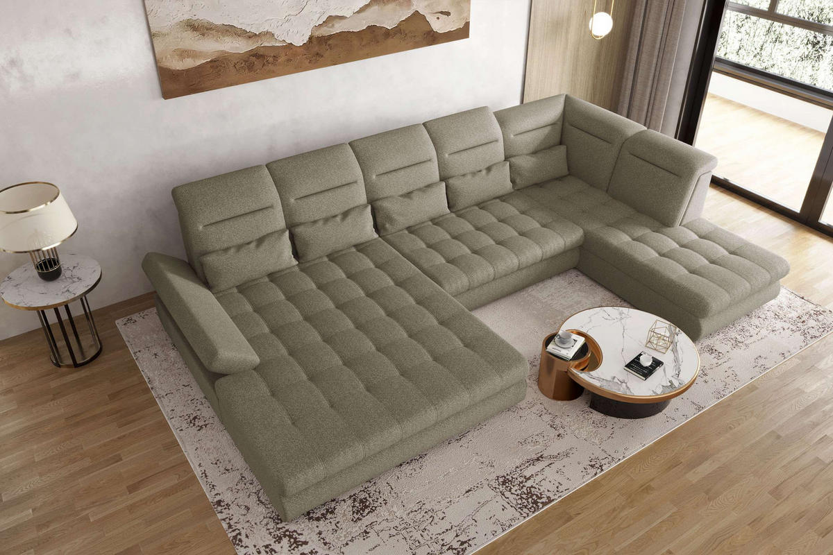 WOHNLANDSCHAFT Toscana Strukturstoff inkl. Schlaffunktion - Hellbraun, Textil (208/87/358cm) - 99rooms
