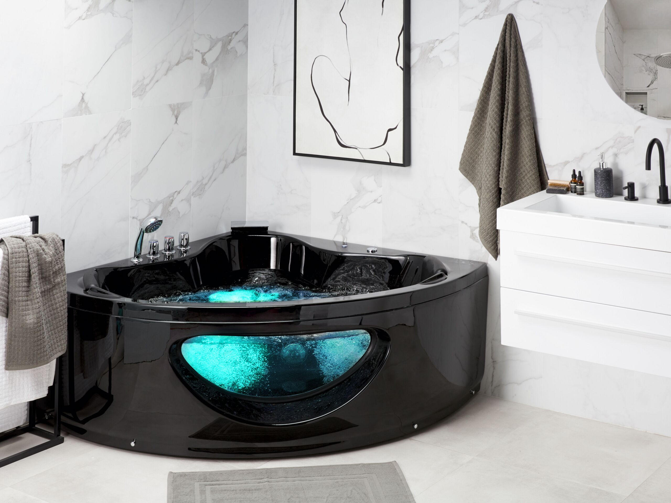 WHIRLPOOL-BADEWANNE mit LED 150x190x61 cm schwarz Tocoa - Schwarz, Kunststoff (150/61/190cm) - Beliani