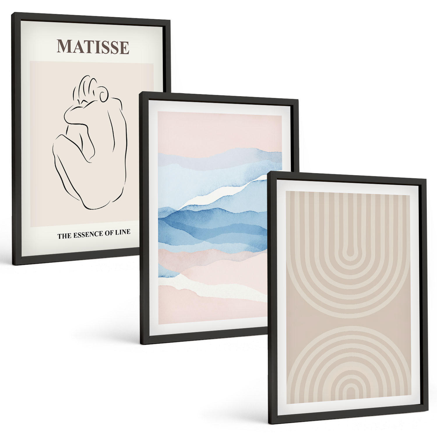 BILDER SET 3er Set - 40x60 cm Schwarzer Rahmen - Linien, Wellen, pastellfarbener Minimalismus - Schwarz, Kunststoff (40/60cm) - TULUP