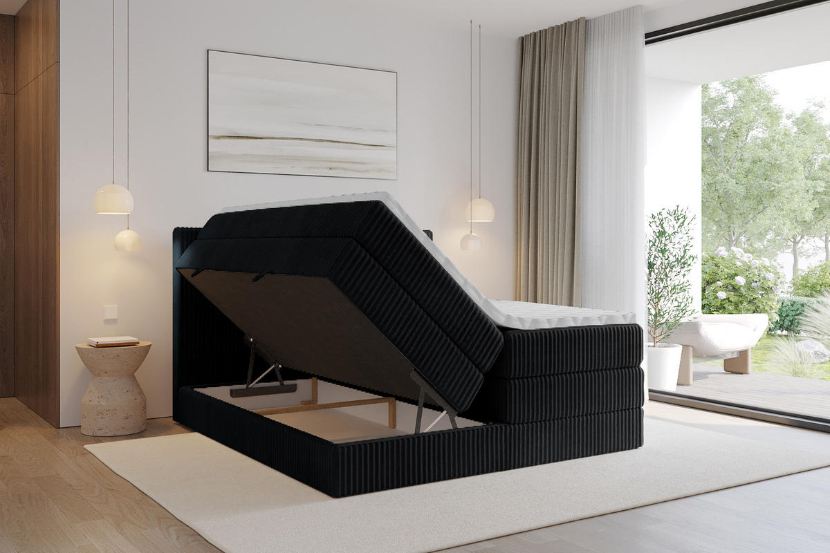 BOXSPRINGBETT mit Matratze H3|H4 und Lattenrost - TOLO KING 140x200 Cord - Schwarz - Schwarz, Holzwerkstoff (140/200cm) - ALTDECOR