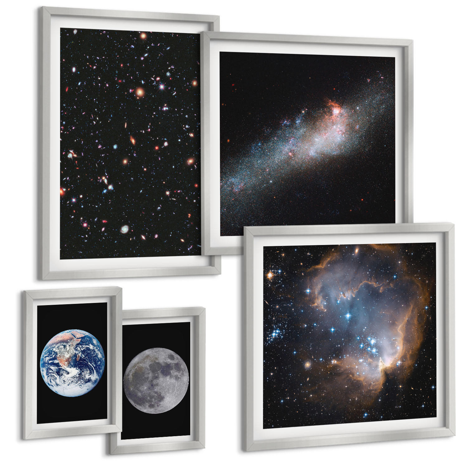 BILDER SET 5er Set - 50x50 cm & 20x30 cm & 40x60 cm Silberner Rahmen - Galaxie Weltraum Mond - Silberfarben, Kunststoff (40/60cm) - TULUP