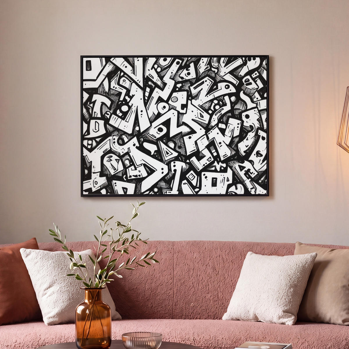 LEINWAND Bilder mit Rahmen - Formen - Buchstaben - Graffiti - Schwarz - 70x50 - Schwarz, Textil (70/50cm) - MuchoWow