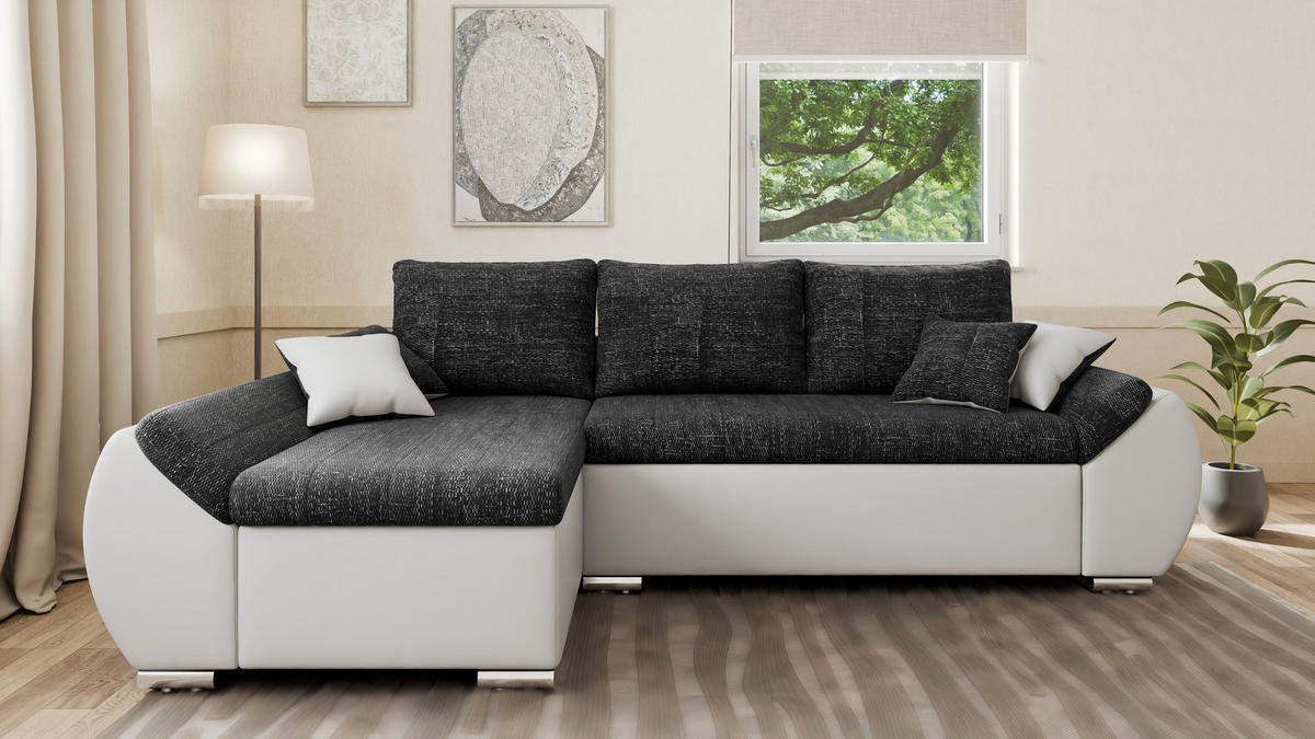 ECKSOFA - ALEX – Schwarz + Weiß (Lawa 06 + Soft 17) - Links - Schwarz, Holzwerkstoff/Metall (275/155cm) - Möblo