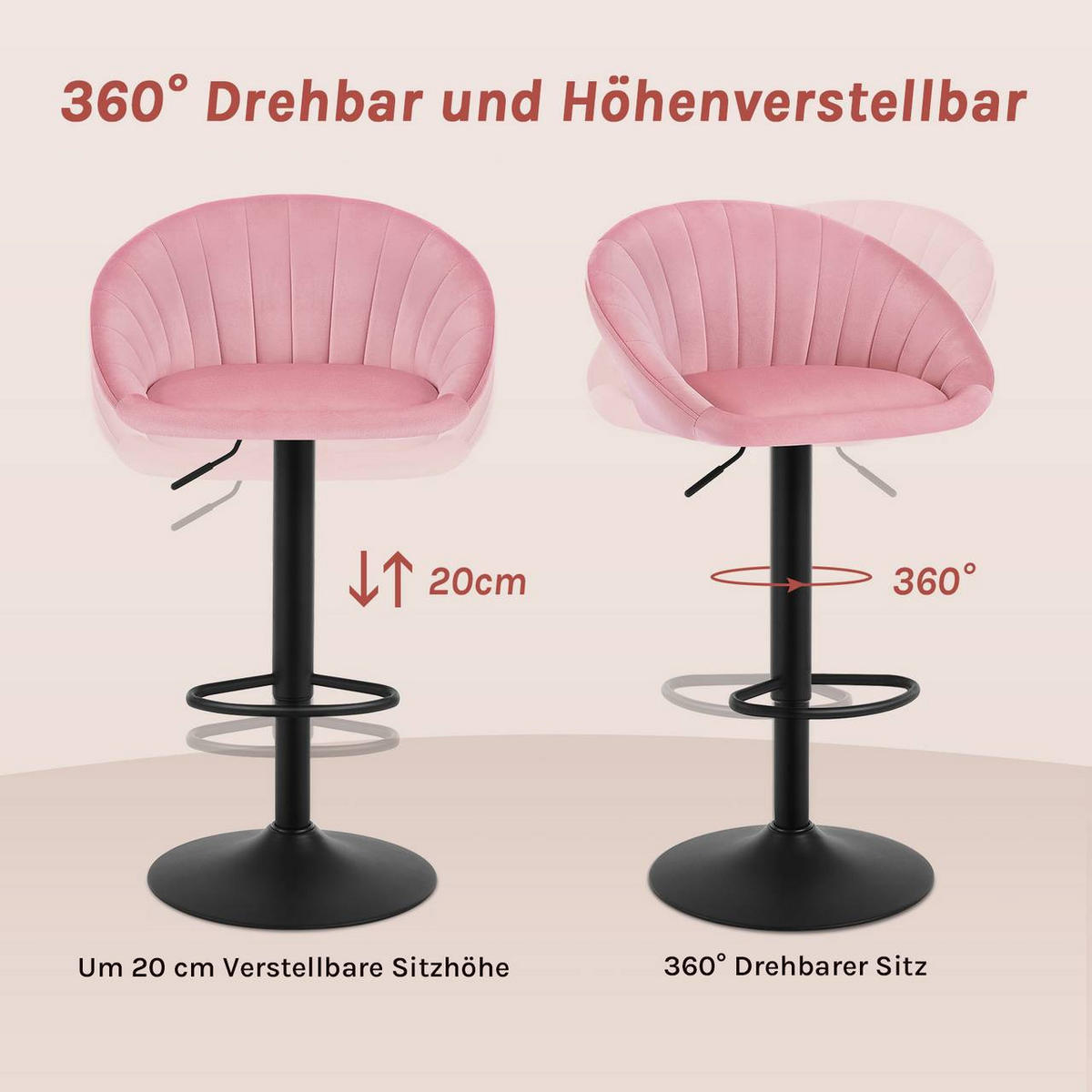 BARHOCKER 4er Set mit Rückenlehne, Samt, Rosa - Schwarz/Rosa, Textil/Metall (53/83/45cm) - Woltu