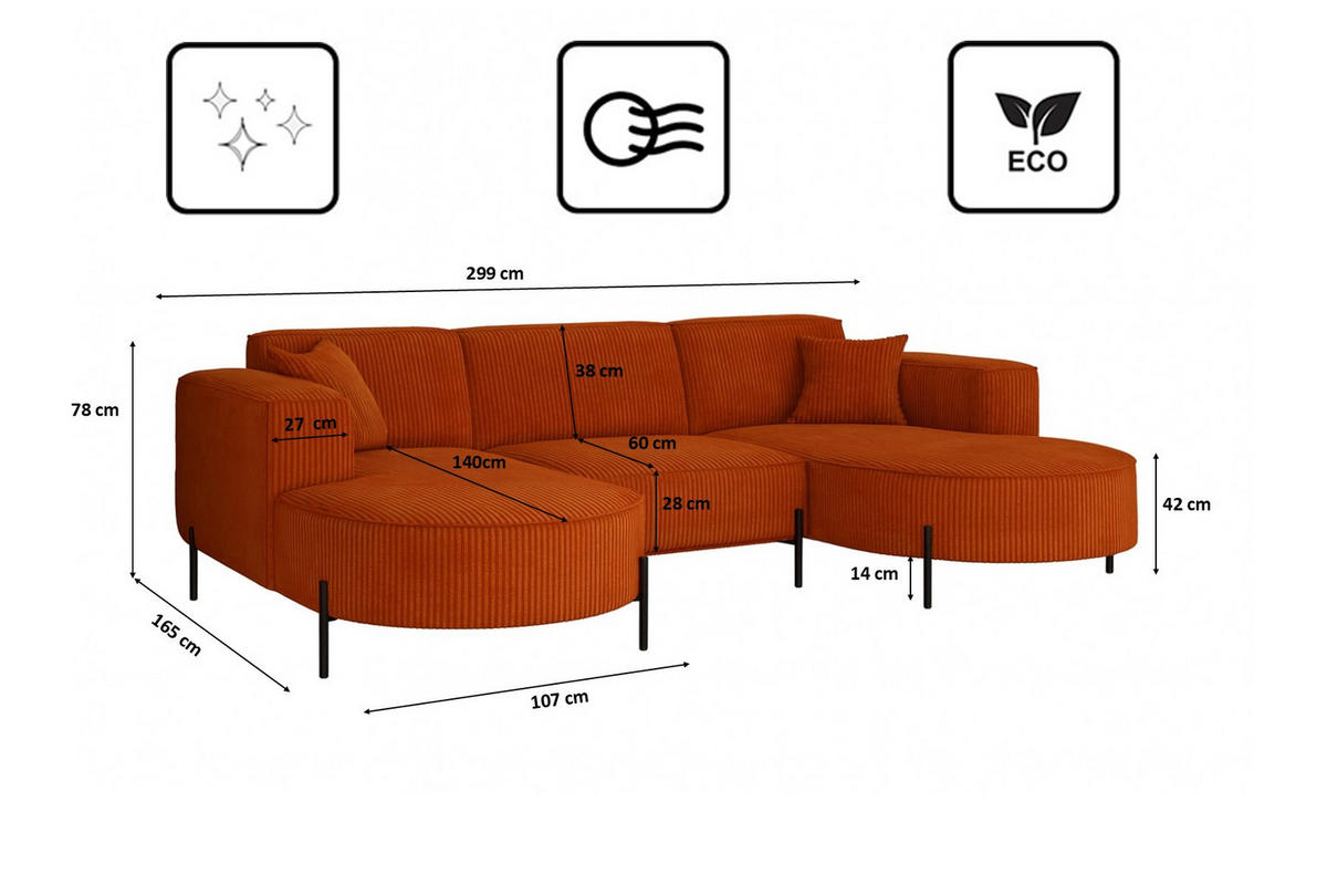 ECKSOFA Designer Modena U Rein Stoff Poso Kupfer - Rostfarben, Holz (299/165cm) - Kaiser Möbel