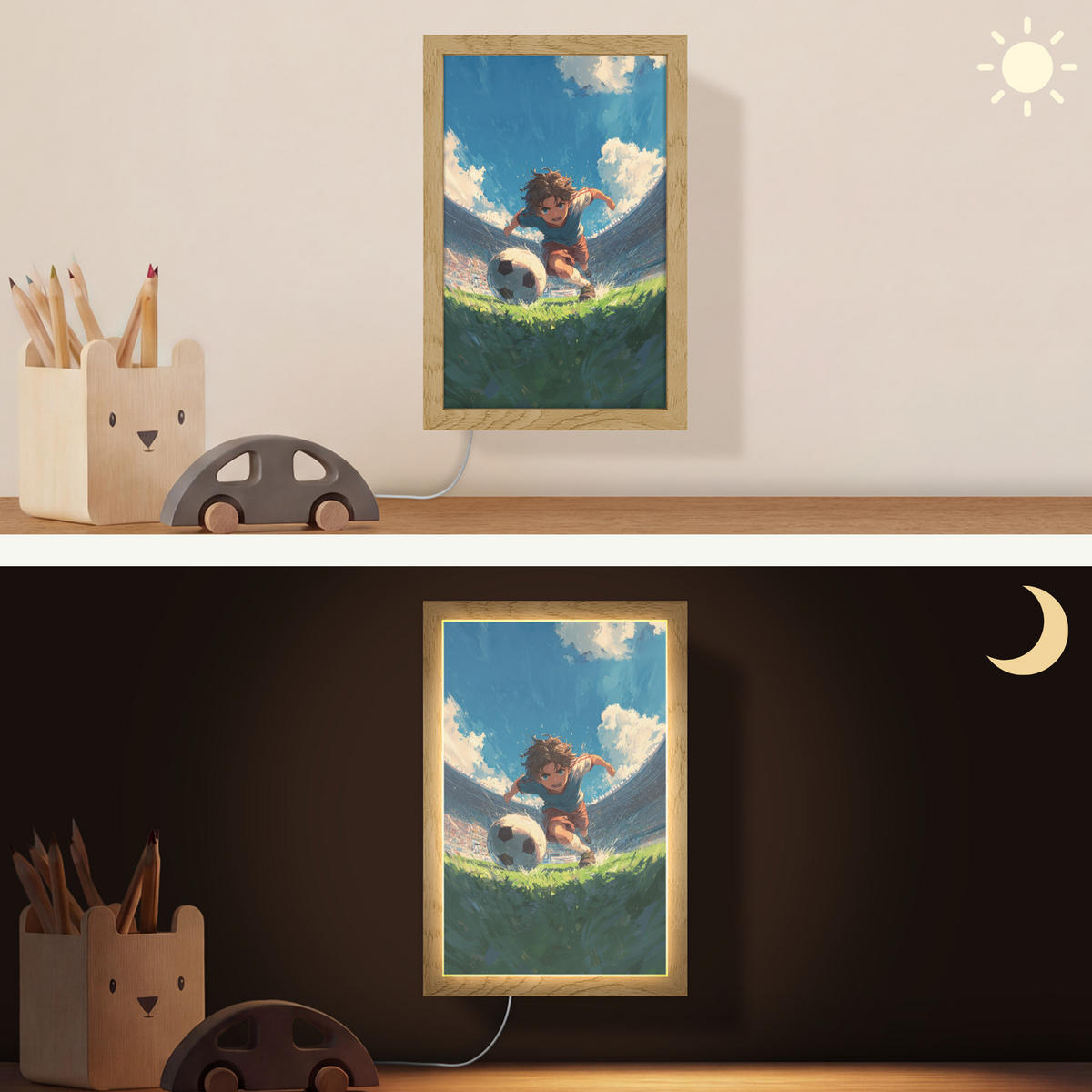 NÁSTĚNNÁ LAMPA Stadion - Fotbalista - Míč 20x30 cm - modrá, kompozitní dřevo (20/30/8cm) - OnlyWow