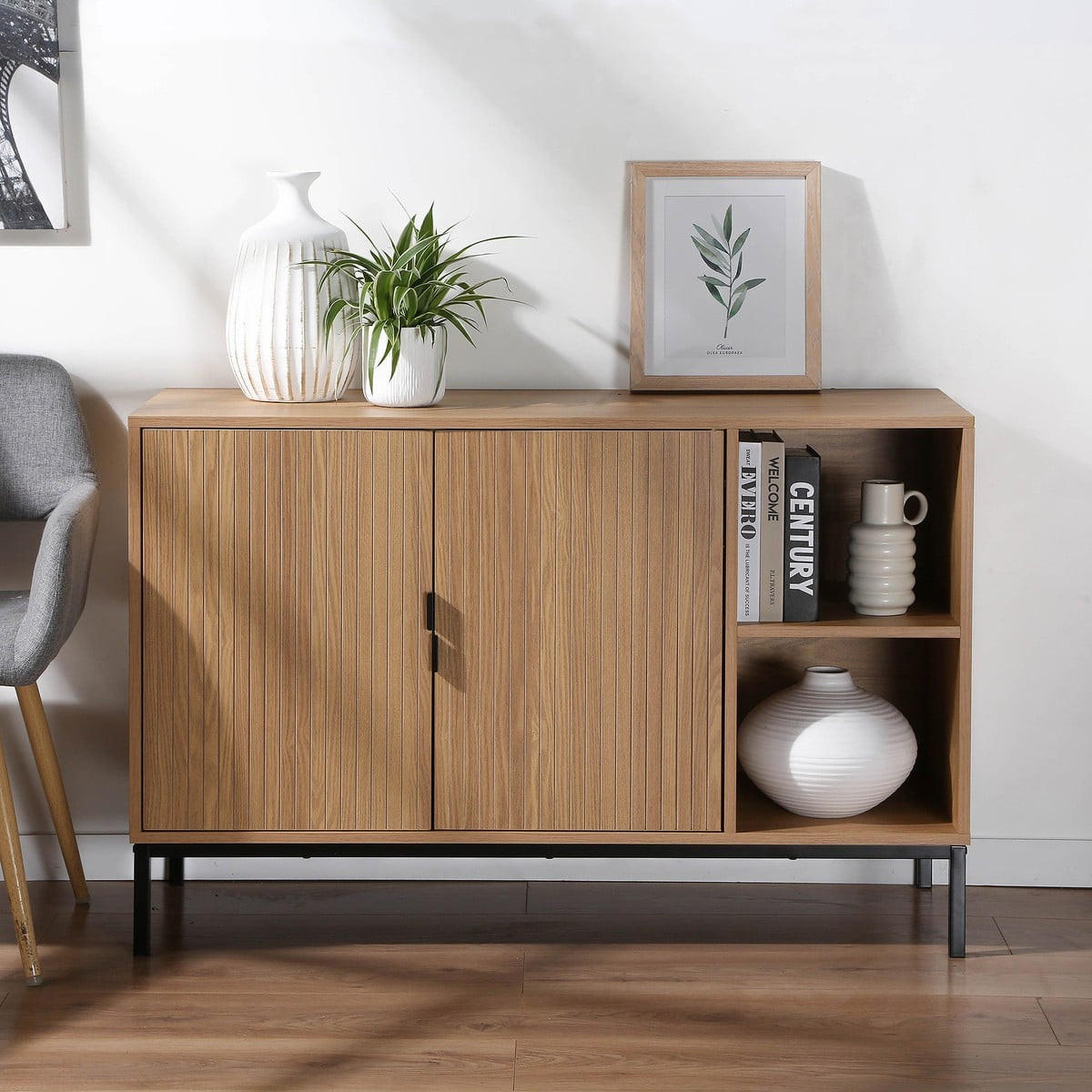 SIDEBOARD mit 2 türen und 2 offenen fächern in holzrillenoptik tara 40/72/110 cm - Eschefarben, Holzwerkstoff (110/72/46cm) - Calicosy