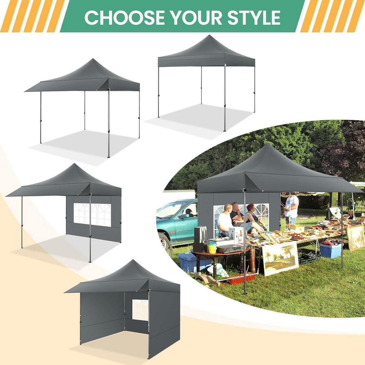 PAVILLON 3 x 3 m Grau wasserdicht mit Seitenwänden Hardtop - Grau, Textil (260/300/300cm)