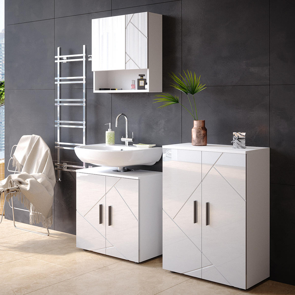 BADMÖBEL-SET Irma Weiß Hochglanz 3 Teile, mit Unterschrank 60 cm - Weiß Hochglanz/Weiß, Holzwerkstoff (80/58.6/41cm) - Vicco