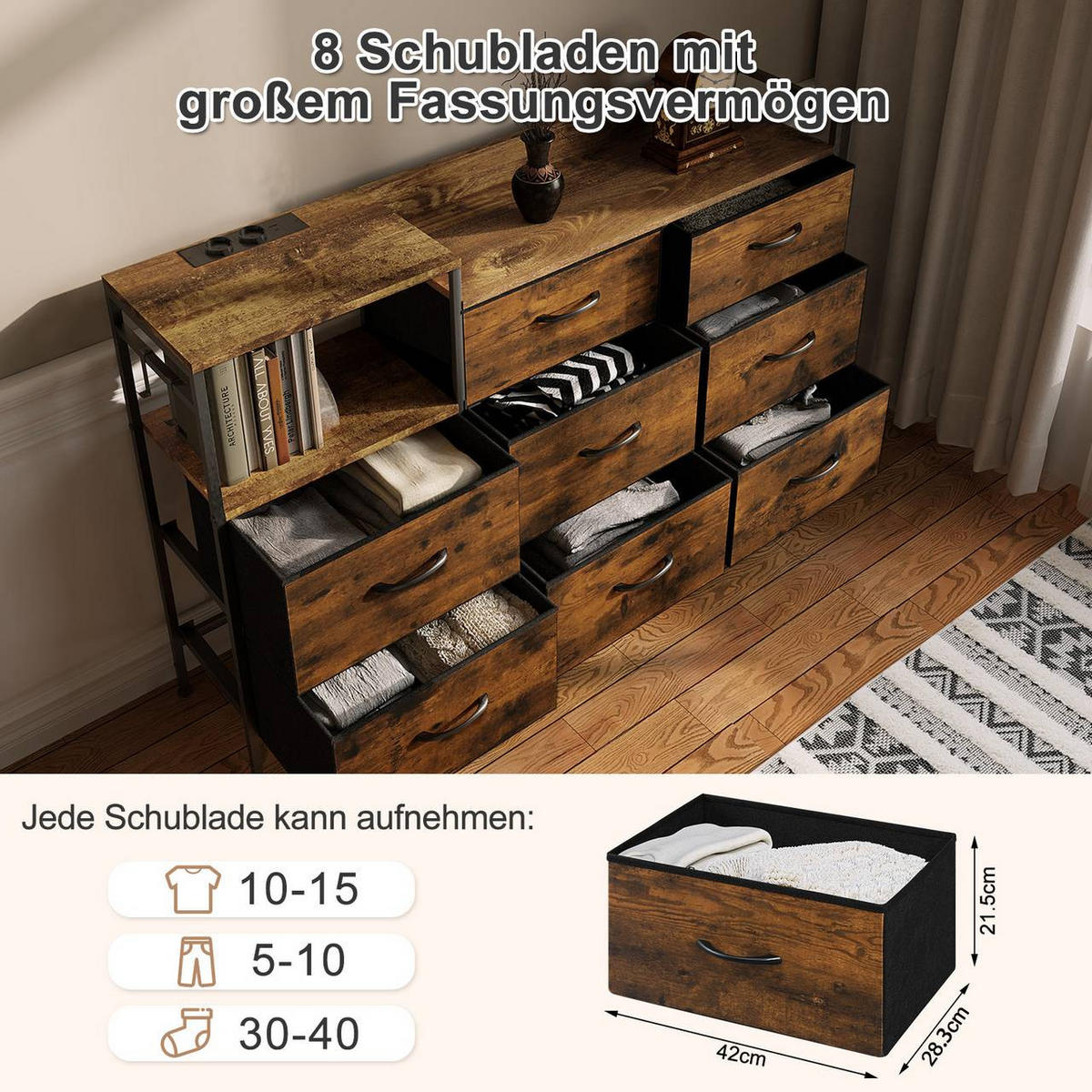 KOMMODE mit 8 Schubladen, 2 Steckdosen, Vintagebraun - Dunkelbraun/Schwarz, Holzwerkstoff/Textil (132/88/30cm) - Woltu