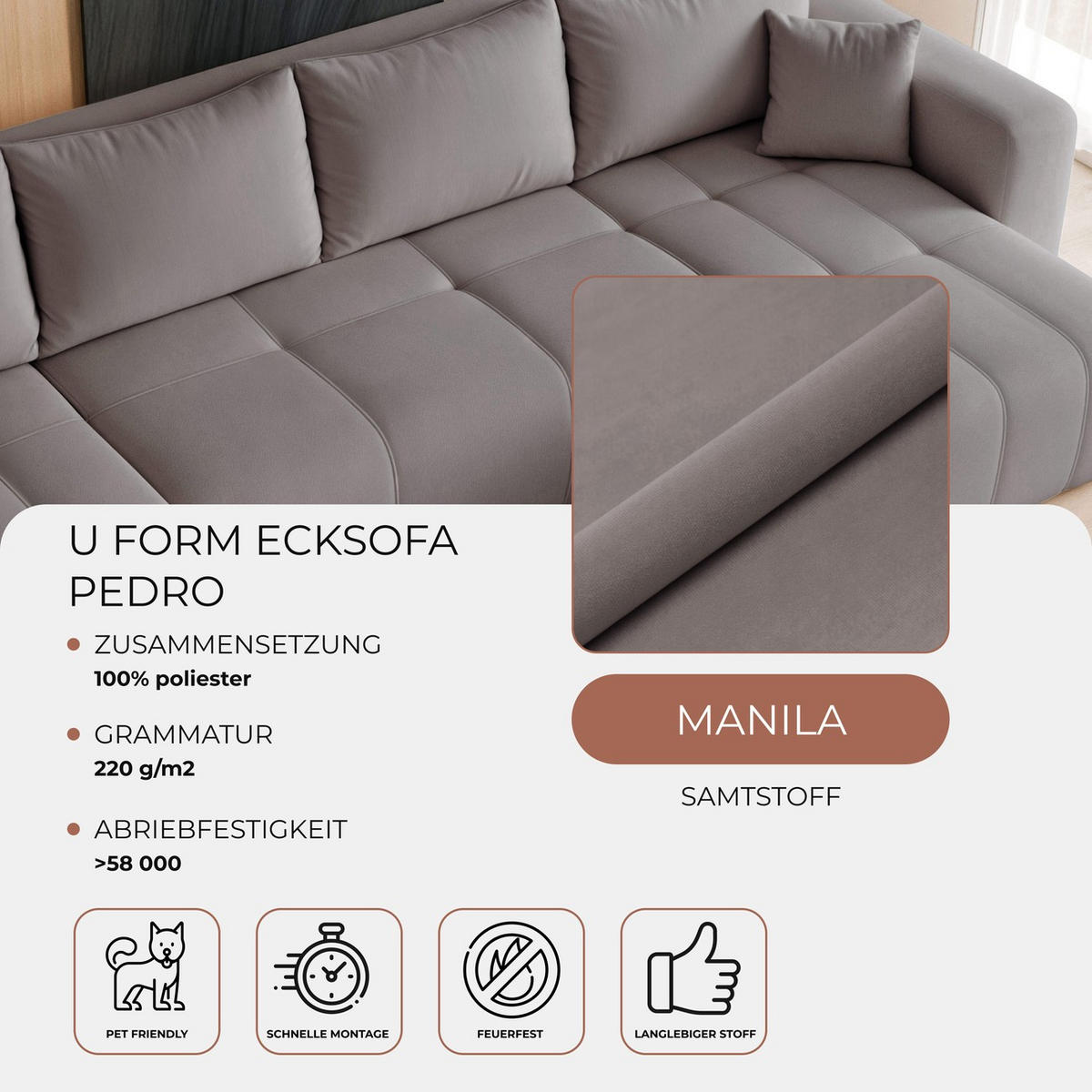WOHNLANDSCHAFT U-Form Velours mit Bettkasten und Schlaffunktion - Dunkelgrau, Holzwerkstoff/Textil (318/79/145cm) - Idohome
