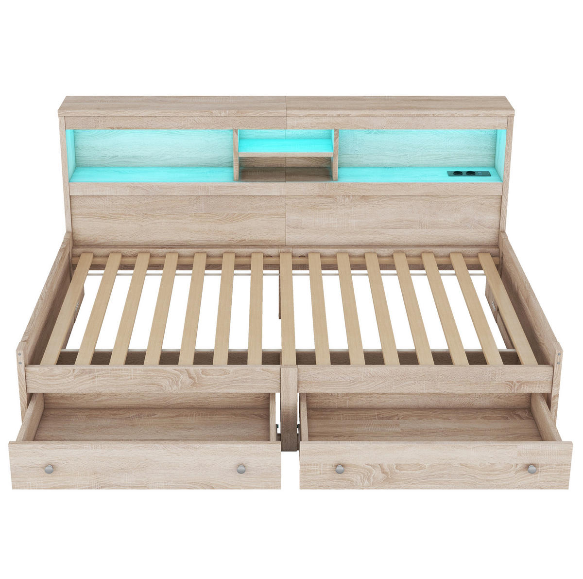 MULTIFUNKTIONSBETT 90/200 cm natur mit LED-Beleuchtung und USB-Anschlüssen - Naturfarben, Holzwerkstoff (90/200cm) - OKWISH