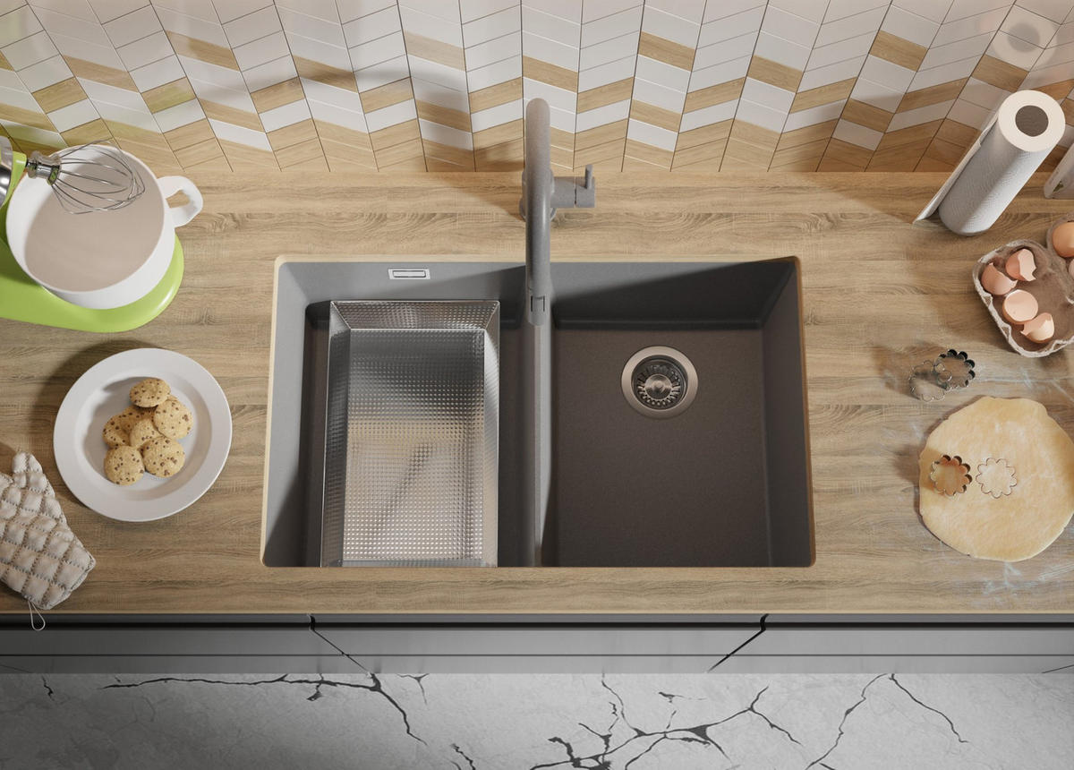 UNTERBAUSPÜLE GRANIT London Twin, 2-er set Grau 76/47 cm 2 Becken + Ablauf-Set ab 80er Unterschrank - Grau, Kunststoff (76/20/47cm) - Primagran