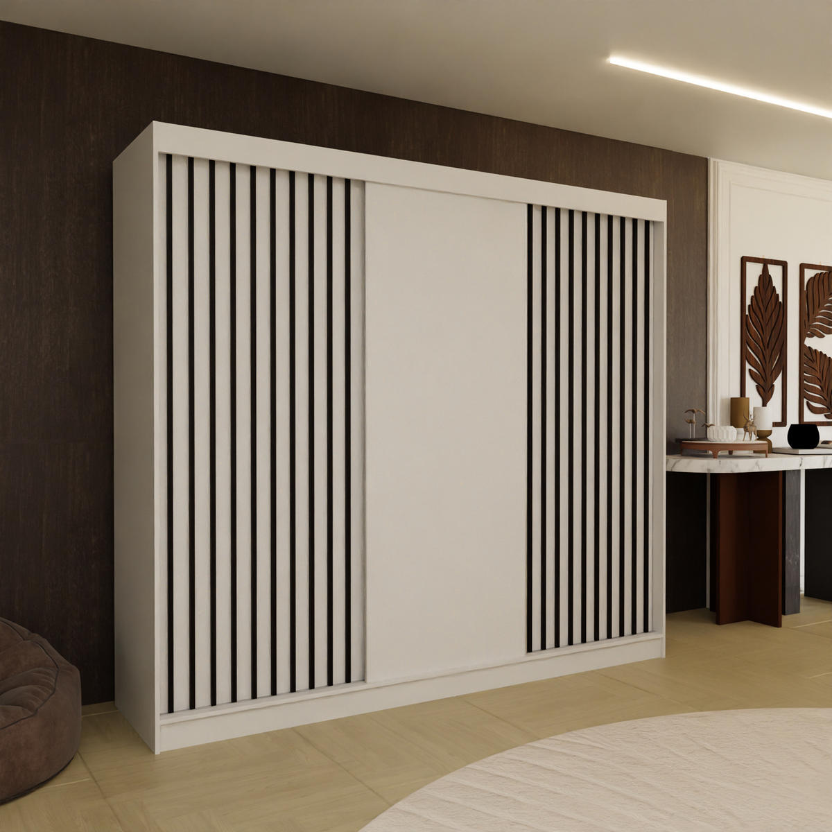 SCHWEBETÜRENSCHRANK Cabinio Weiß Schwarz 240/216/61 cm – Modern, mit Lamellen - Schwarz/Weiß, Holzwerkstoff/Kunststoff (240/216.1/61cm) - AX Living