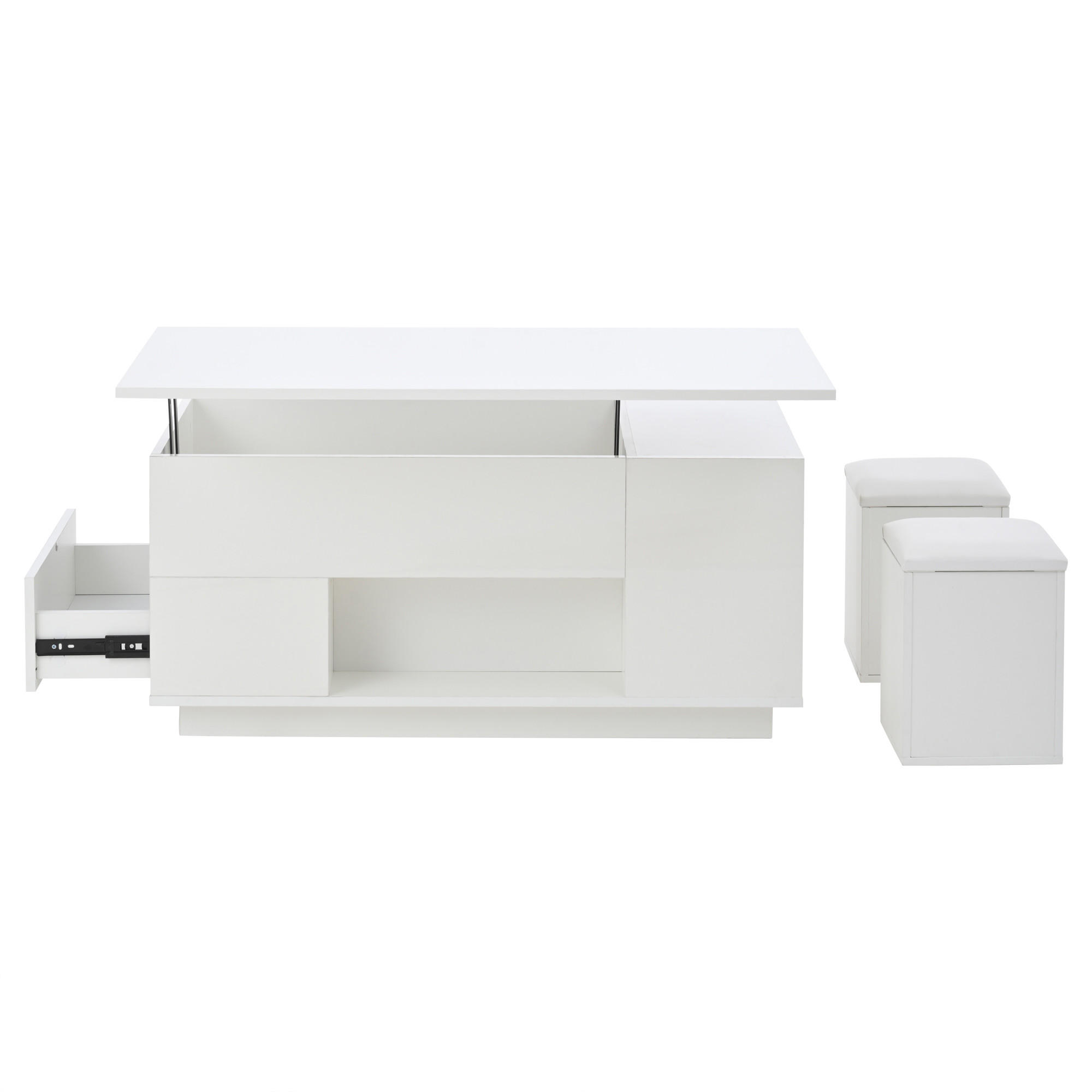 COUCHTISCH Weiß 100/50/45 cm mit Hebefunktion, LED-Beleuchtung und 2 Hockern - Weiß, Holzwerkstoff (50/100/45cm) - PANGIVO