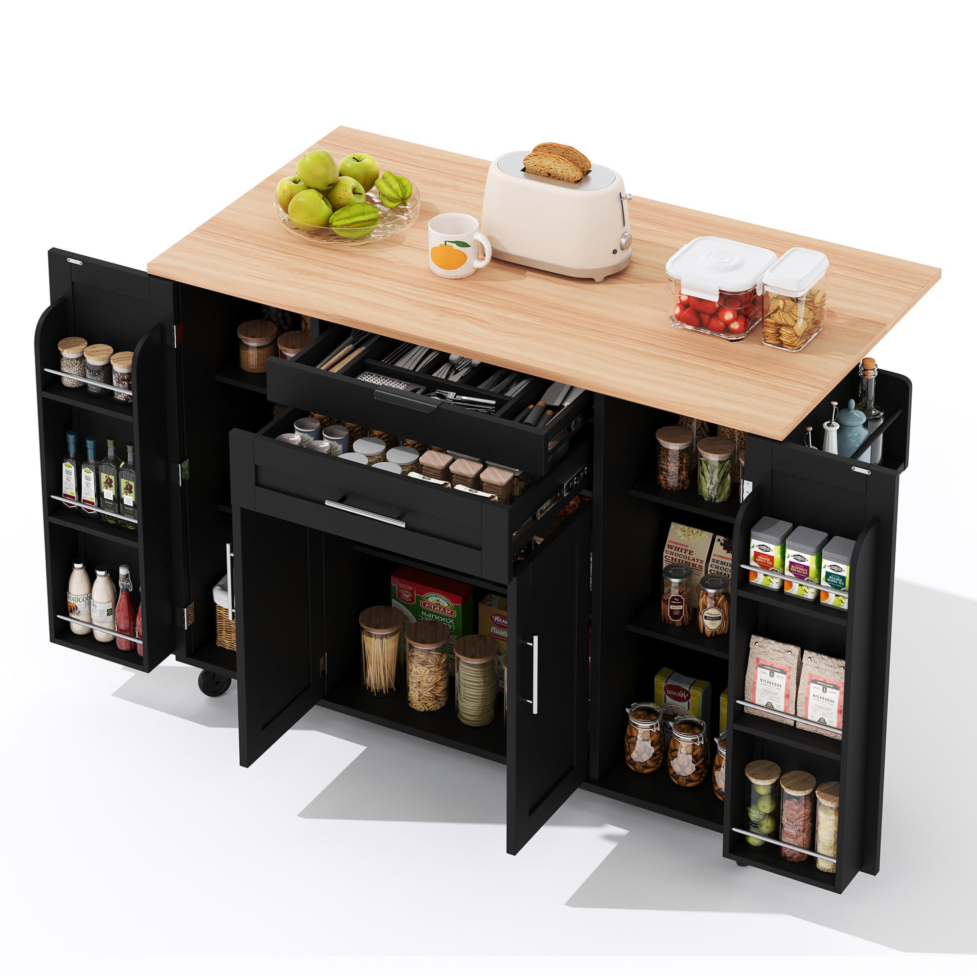 Modfu KUCHYŇSKÝ ostrůvek z MDF 136x70x92 cm černá/přírodní s výsuvnou deskou, skrytou zásuvkou a kolečky