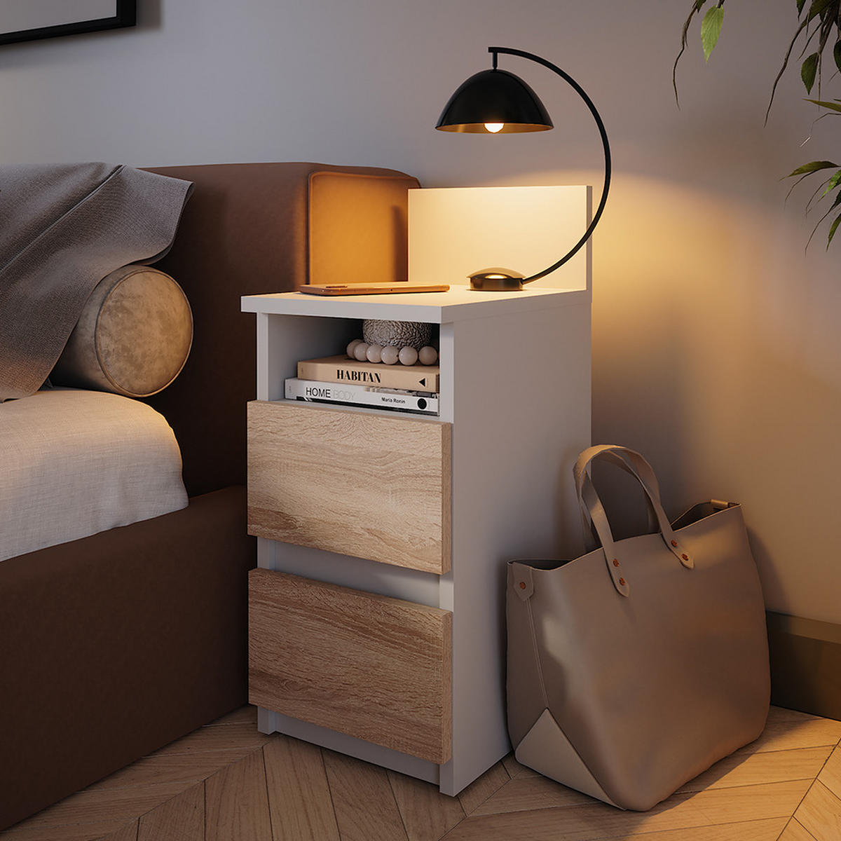 NACHTTISCH Monty Weiß/Sonoma 25 x 59.1 cm 2er Set - Weiß/Sonoma Eiche, Holzwerkstoff (25/59.1/32.3cm) - Vicco