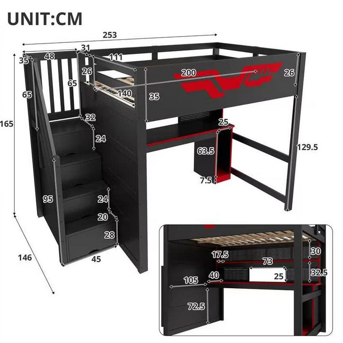 HOCHBETT aus MDF und Sperrholz 140x200 cm Schwarz/Rot mit Schreibtisch, Stauraumtreppe, LED und USB - Schwarz, Holzwerkstoff (140/200cm) - IVMEU