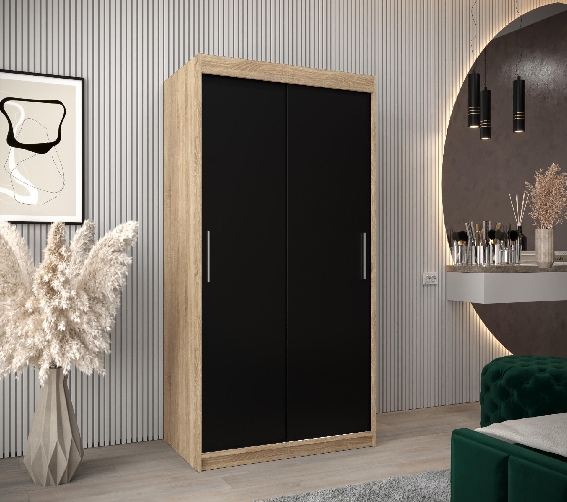 SCHWEBETÜRENSCHRANK 200/100/62 2-türig - Silberfarben/Schwarz, Holz/Kunststoff (100/200/62cm) - Abiks Möbel