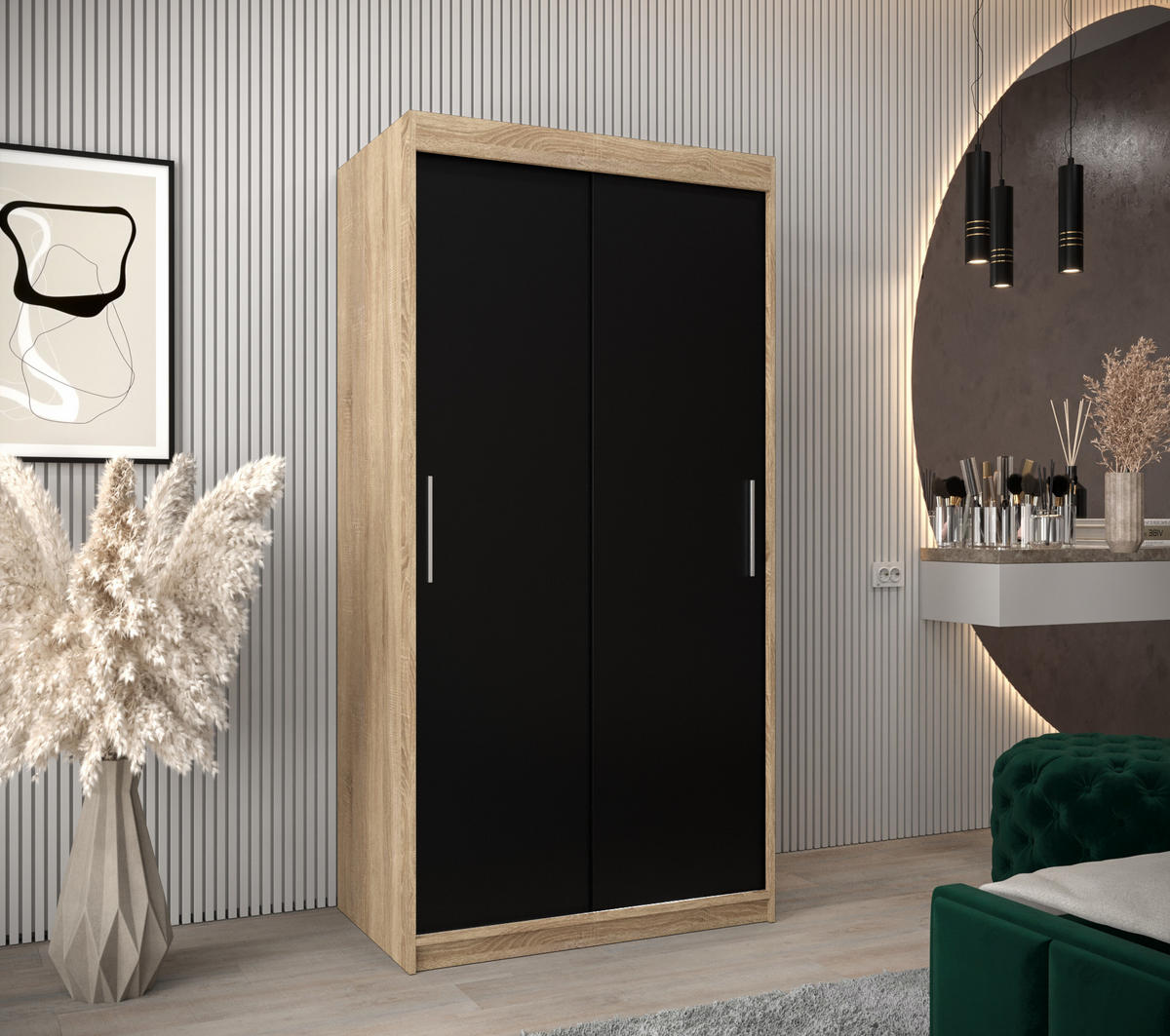 SCHWEBETÜRENSCHRANK 200/100/62 2-türig - Silberfarben/Schwarz, Holz/Kunststoff (100/200/62cm) - Abiks Möbel
