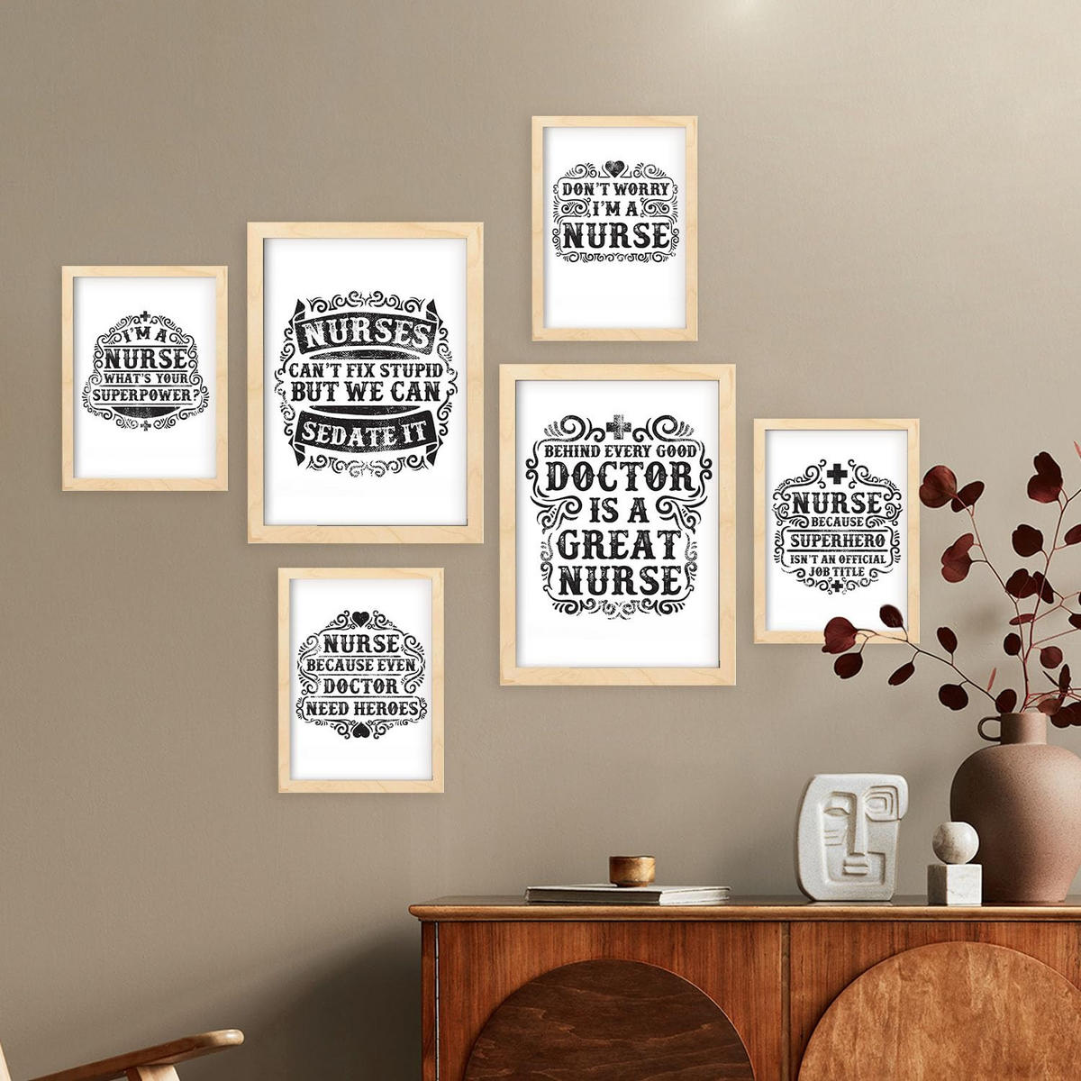 POSTER Set Mit 6 Krankenschwester In Rustikale Zitate A3 & A4 Rahmen Aus Hellem Holz - Beige, Papier (29/3cm) - Nacnic